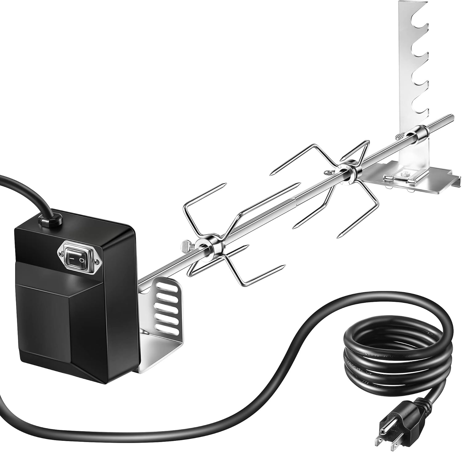 Dreyoo Universal Rotisserie Grill Kit, 360° Automatic Rotating Rotisserie Kit with 120V 4W Motor, 28” Spit Rod, 2 x 4 Forks, Complete Holders and Fixing Screw for Backyard Camping Grills