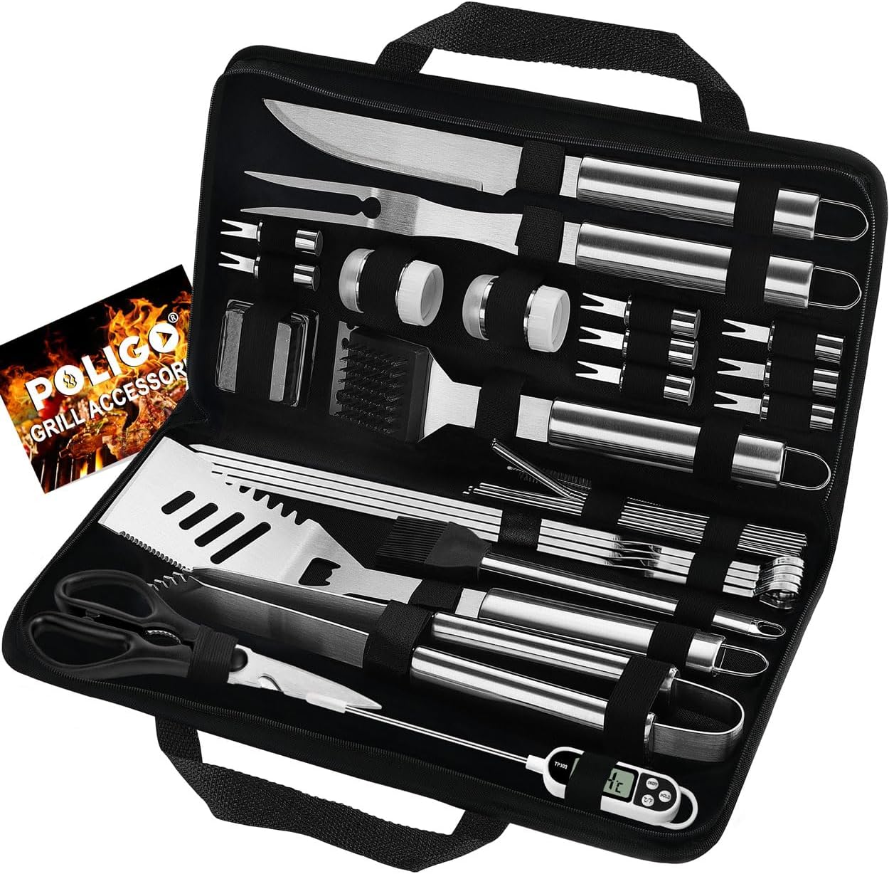POLIGO 29 PCS BBQ Grill Accessories Stainless Steel BBQ Tools Grilling Tools Set with Storage Bag for Fathers Day Dads Birthday Presents – Camping Grill Utensils Set Ideal Grilling Gift for Men Silver