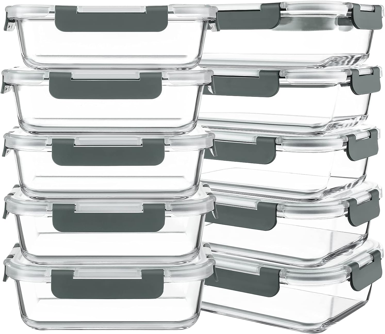 KOMUEE 10 Packs 30 oz Glass Meal Prep Containers,Glass Food Storage Containers with Lids,Airtight Lunch Bento Boxes,Microwave,Freezer and Dishwasher,Gray