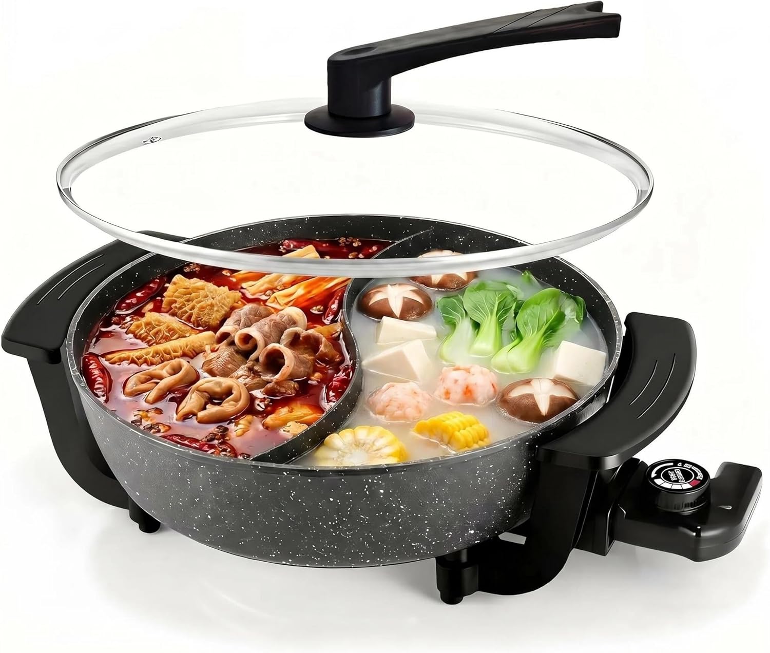 6L Electric Hot Pot with Divider – Dual-Flavor Fondue & Shabu Shabu Pot, 1600W with 5-Temp Control, Non-Stick & BPA-Free, Perfect for Family Dinners & Parties
