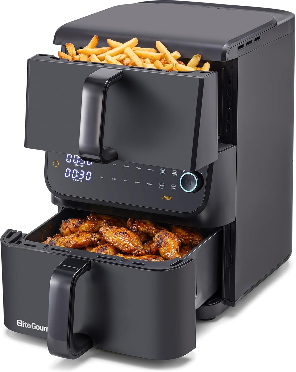Elite Gourmet EAF6535 Dual Stacked Air Fryer, 10.5 Qt Total Capacity, Family Size, PFAS-Free Dishwasher Safe Nonstick Baskets, Sync Cook & Sync Finish, 10 Presets, 1700W, Black