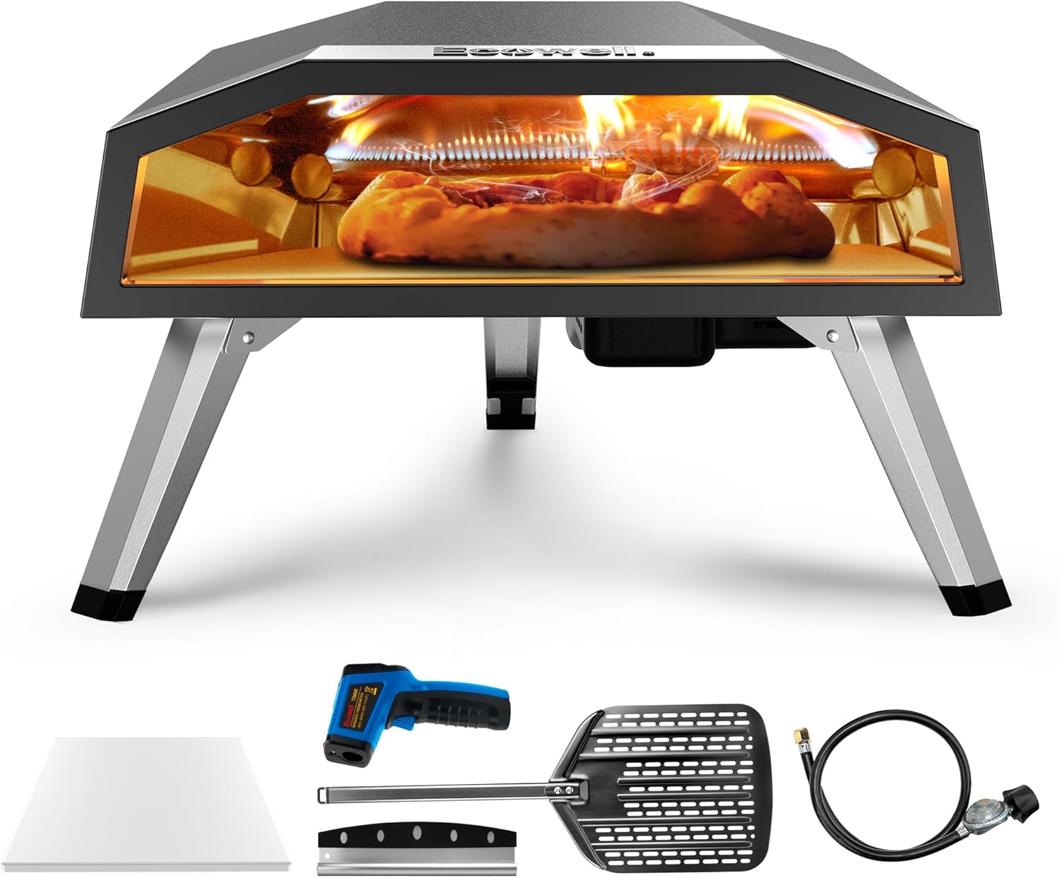 Outdoor Propane Gas Pizza Oven – 12″ Camping Pizza Oven with Gas Regulator Cooks Pizza In 80-second, Propane Grill Reaches 930°F, with Pizza Stone/Peel/Cutter/Infrared Thermometer (12 Inches)