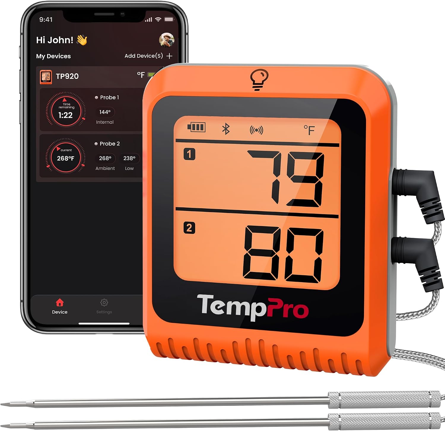 TempPro Wireless Meat Thermometer Digital for Grilling and Smoking, 2 Probes Bluetooth Meat Thermometer for Cooking Turkey Fish Beef, Rechargeable Smoker Accessories for BBQ Oven Gift for Dad