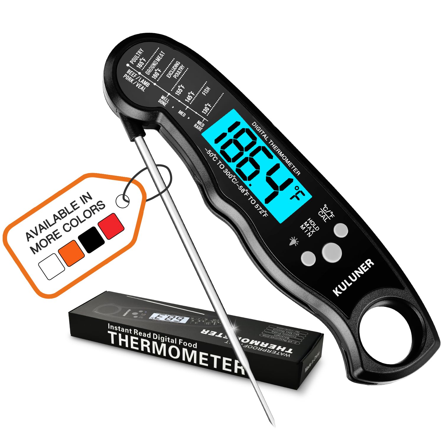 KULUNER Digital Meat Thermometer Instant Read, Waterproof Probe with Backlight & Calibration, Ultra Fast 2-3s Reading, Stainless Steel Kitchen Food Thermometer for Grilling BBQ Cooking Candy – Black
