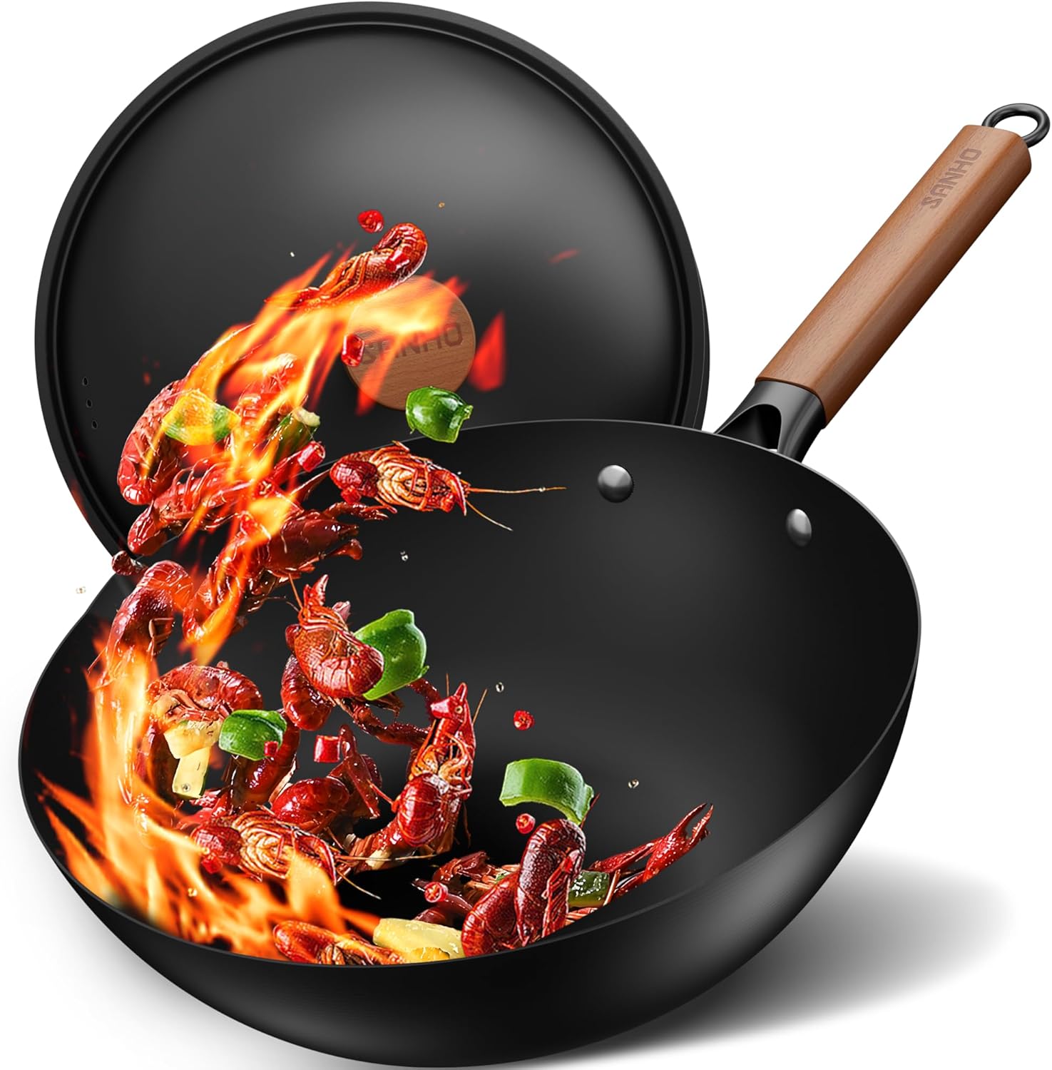 Sanho 12.6 Inch Carbon Steel Wok Pan, 5QT Woks & Stir-Fry Pans Nonstick with Lid, No Seasoning Required & 0 Coating, Compatible with All Cooktops & Utensils for Stir Fry, Pan-Fry, Steam, Camping