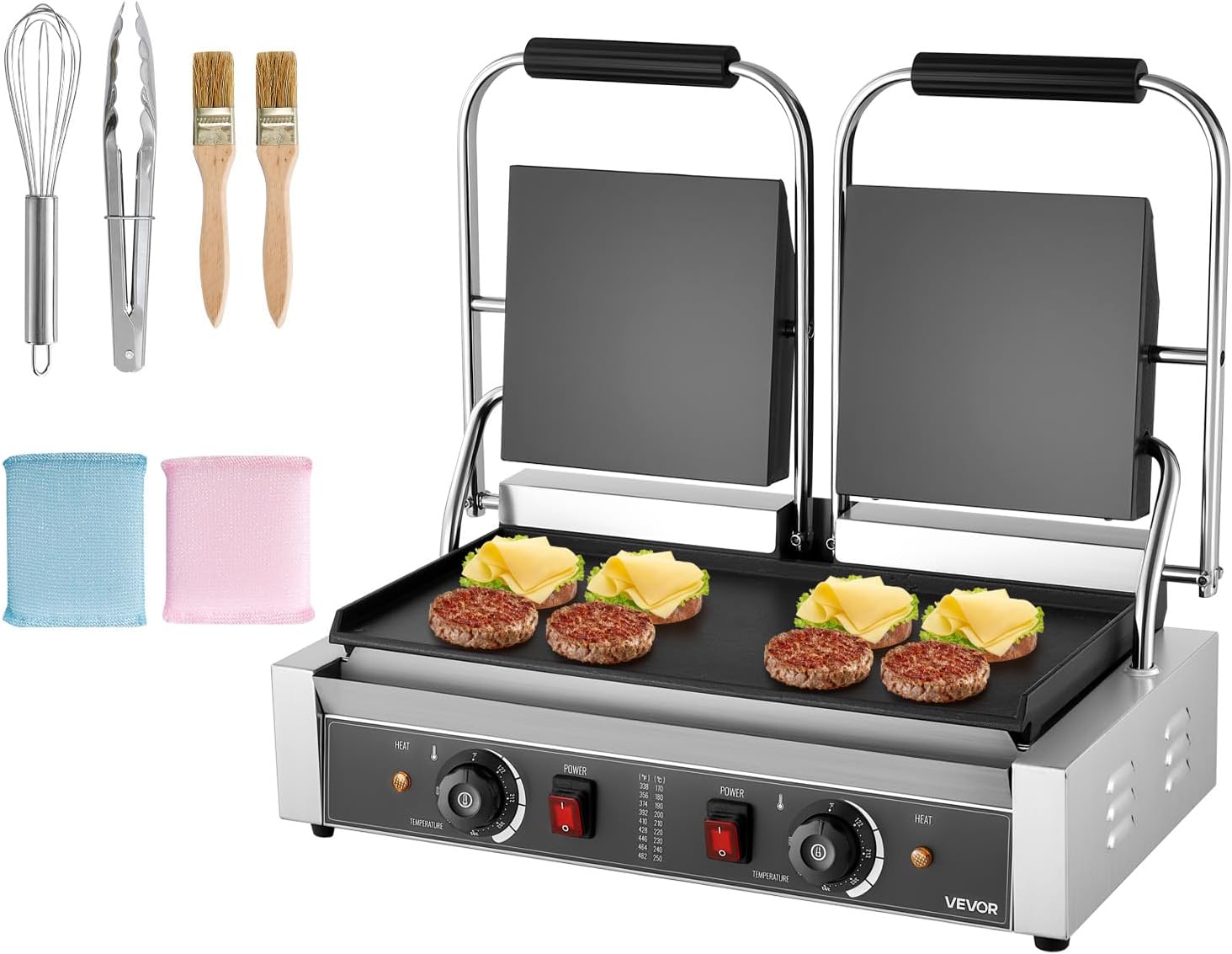 VEVOR Commercial Panini Grill, 3600W Electric Sandwich Panini Maker, Stainless Steel Double Sandwichs Press with Handle and Temp Control, 19×9 in Full Flat Enamel Plate, for Hamburger Steak Bacon