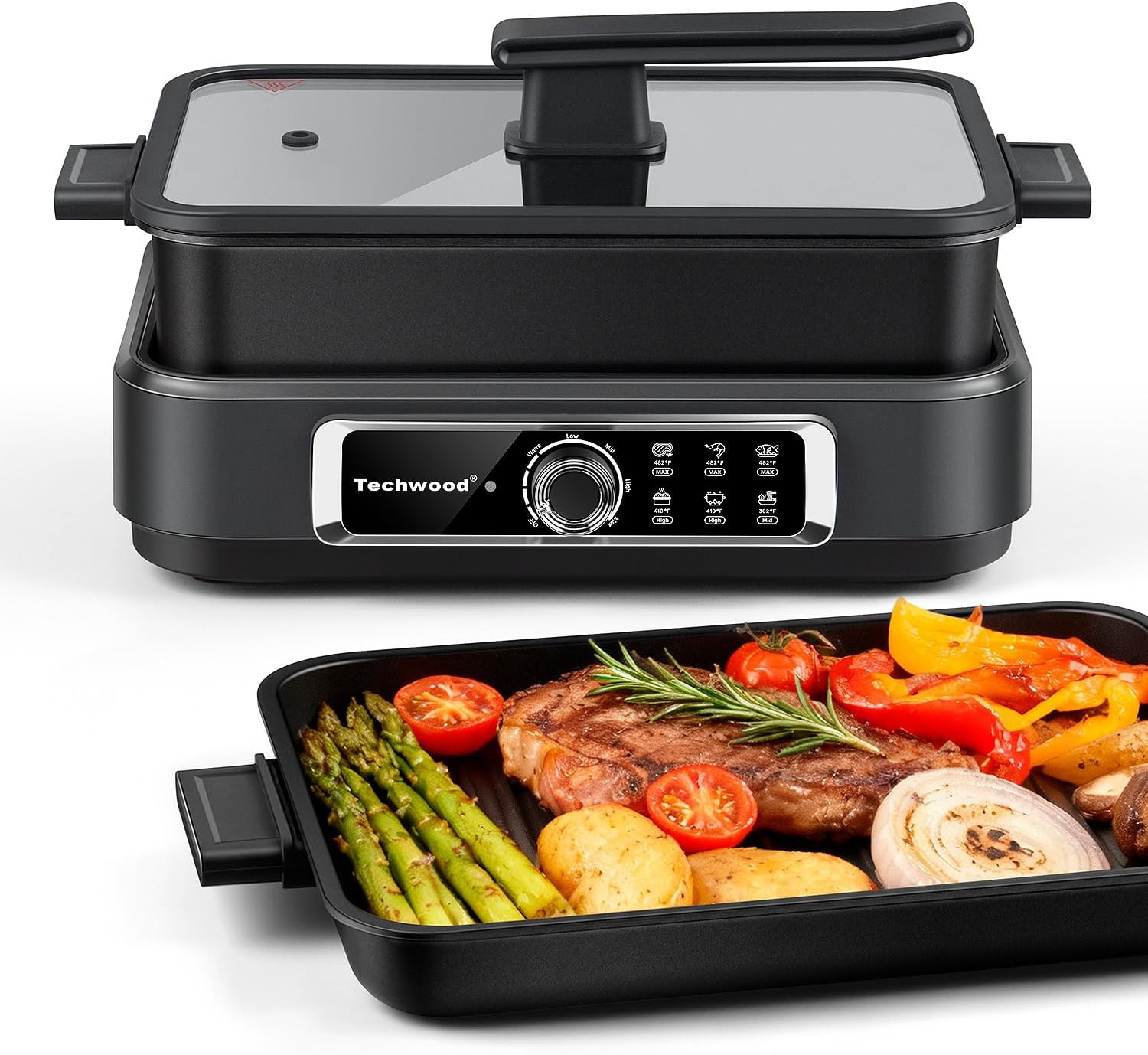 Slow Cooker, Techwood 1500W Electric Skillet 7.5-Quart Extra-large Capacity Multi-Cooker with 5-Level Heat Settings, Come with Non-stick Skillet Pan & Cooking Pot, Dishwasher Safe, Black