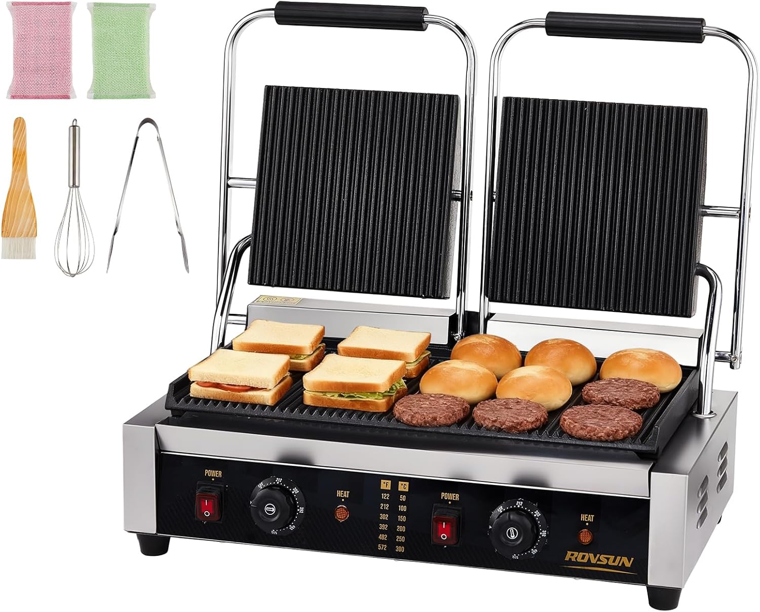ROVSUN 813 Commercial Panini Press Grill, 3600W Stainless Steel Electric Countertop Sandwich Maker with Adjustable Temp 122°F–572°F, For Steak, Burgers, Home & Restaurant Use, 110V, Silver