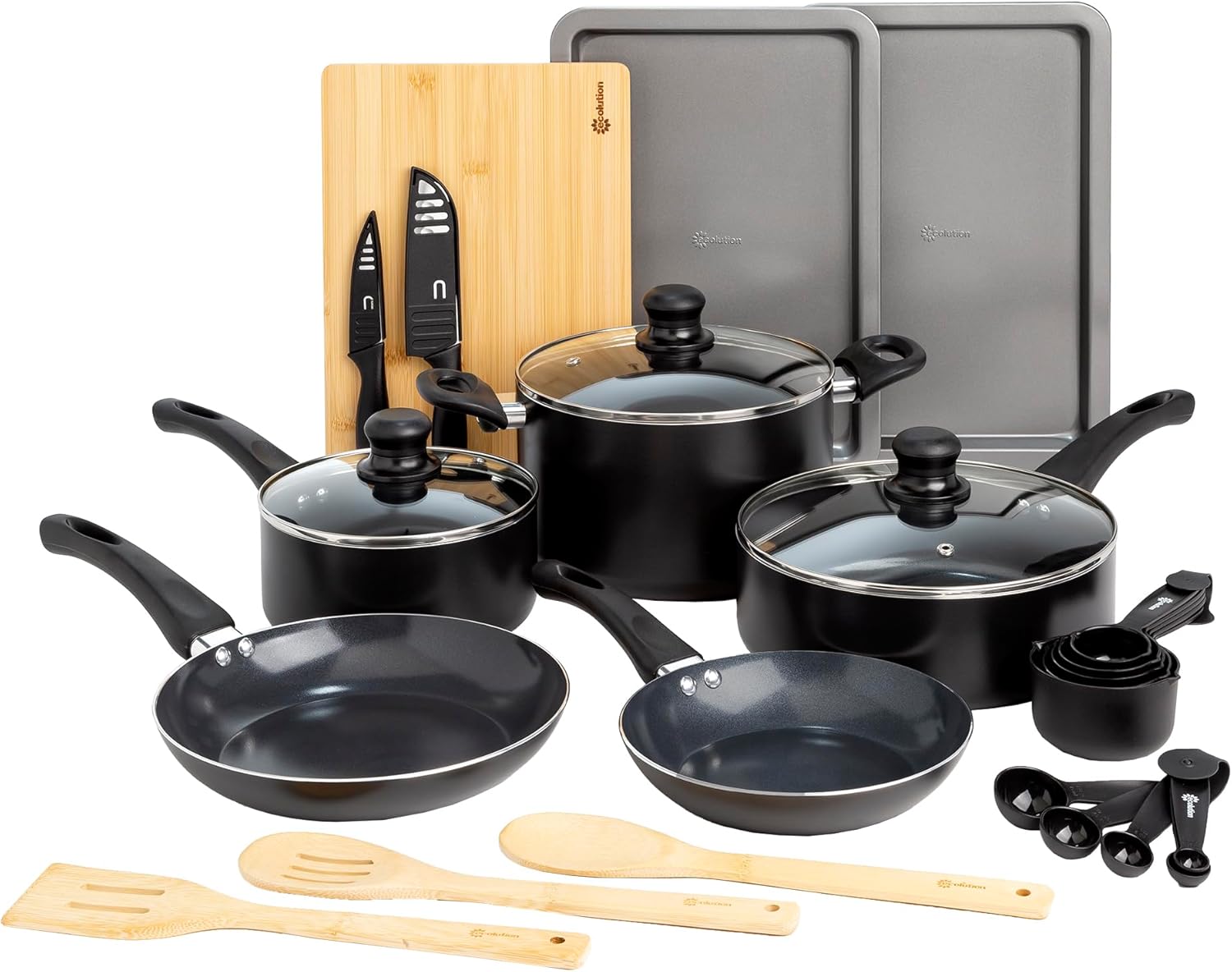 Ecolution Easy Clean Ceramic Nonstick Cookware Set, Dishwasher Safe Kitchen Pots and Pans Set, Comfort Grip Handle, Even Heating, and Ultimate Food Release, 26-Piece, Black