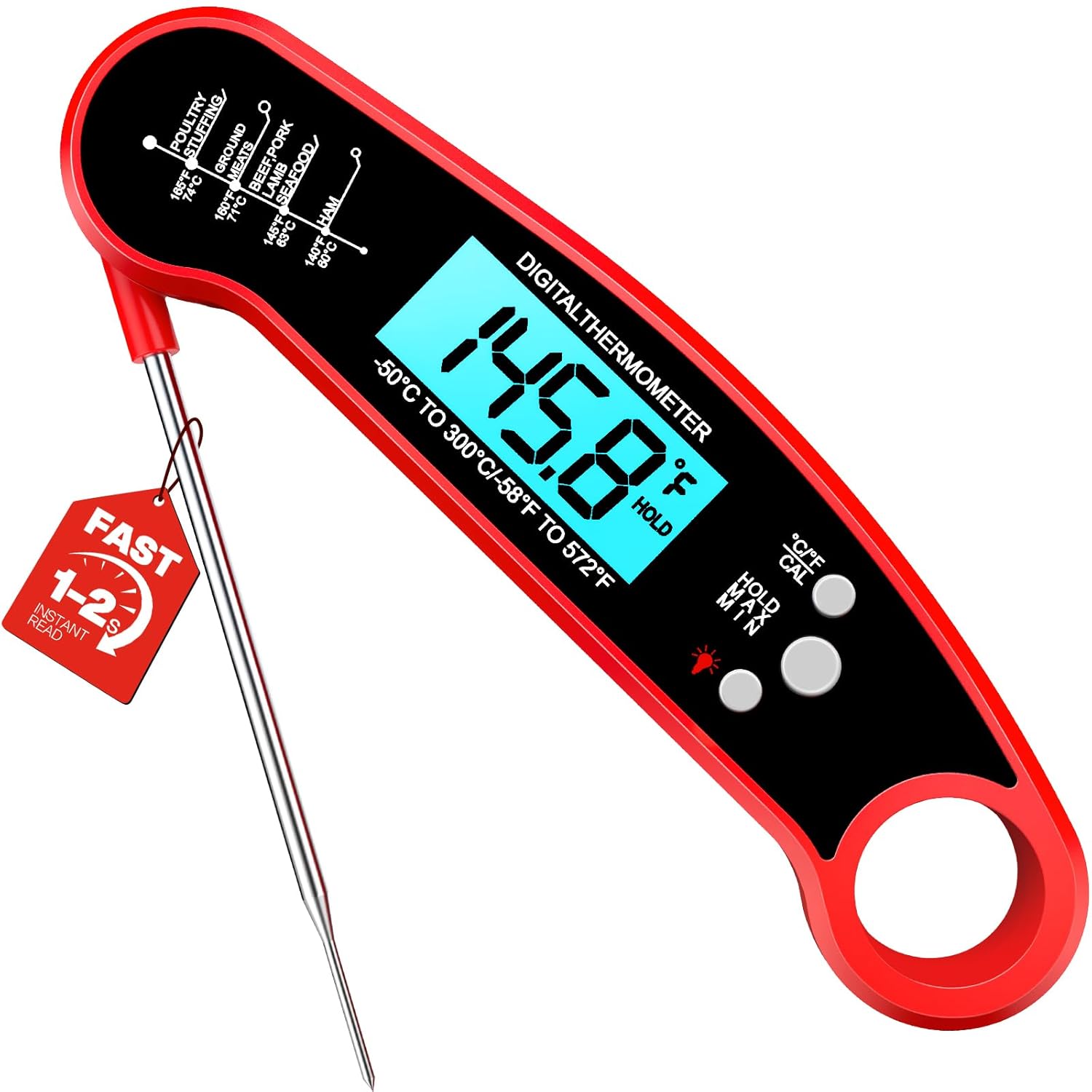 Meat Thermometer Digital – Instant Read Food Thermometer for Grilling, BBQ, Air Fryer, Smoker, Candy Making, Kitchen Gadgets, BBQ Essentials, Gift for Fathers Day, Dad Men Husband Him, Red