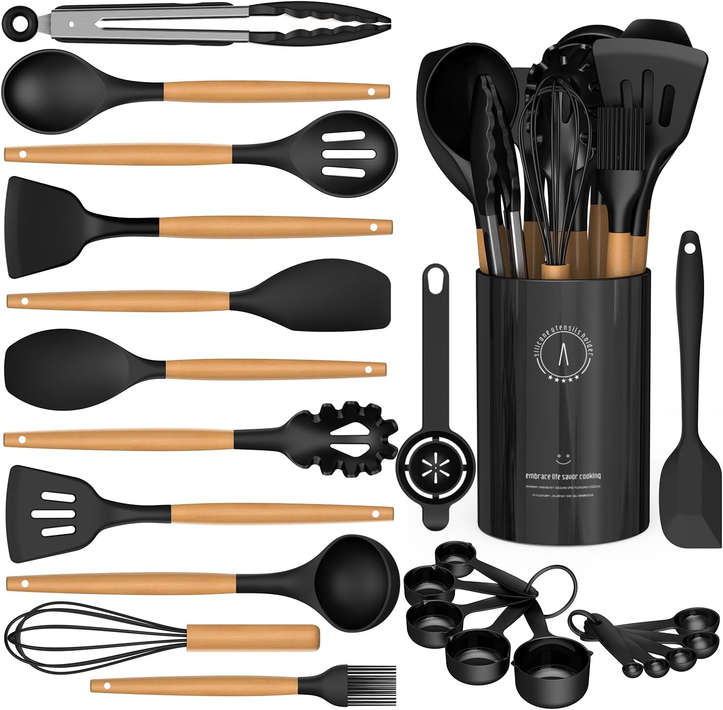 Silicone Cooking Utensils Set – AVGPD Silicone Kitchen Utensils for Cooking Wooden Handles, 446°F Heat Resistant Kitchen Utensil Spatula Sets, Gadgets for Non-Stick Cookware BPA FREE (Black)
