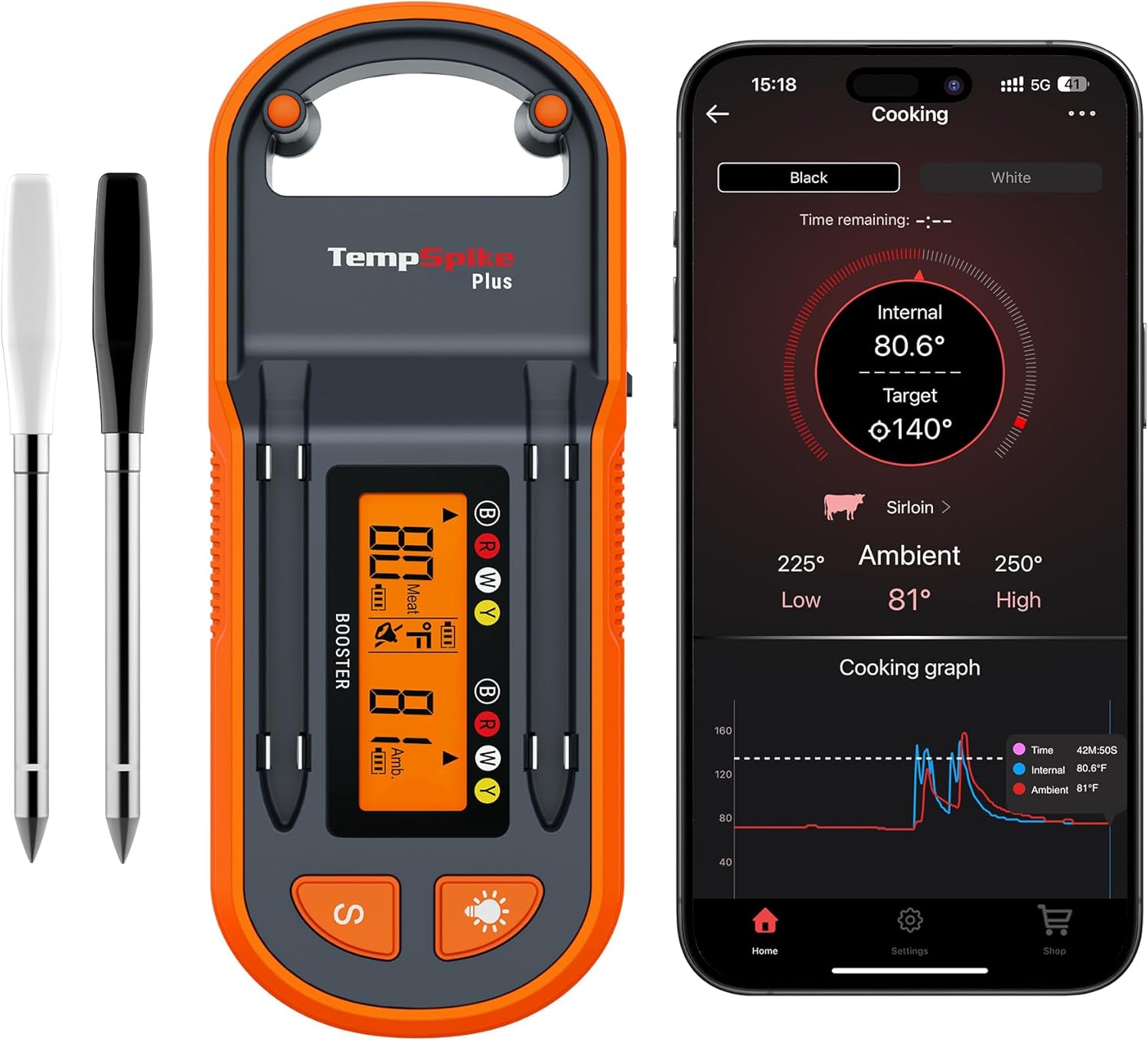 ThermoPro TempSpike Plus 600ft Wireless Meat Thermometer with 2 Color-Coded Probes, Bluetooth Meat Thermometer Wireless with LCD-Enhanced Booster for Food Cooking Grill Smoker Gift for Dad Him Husband