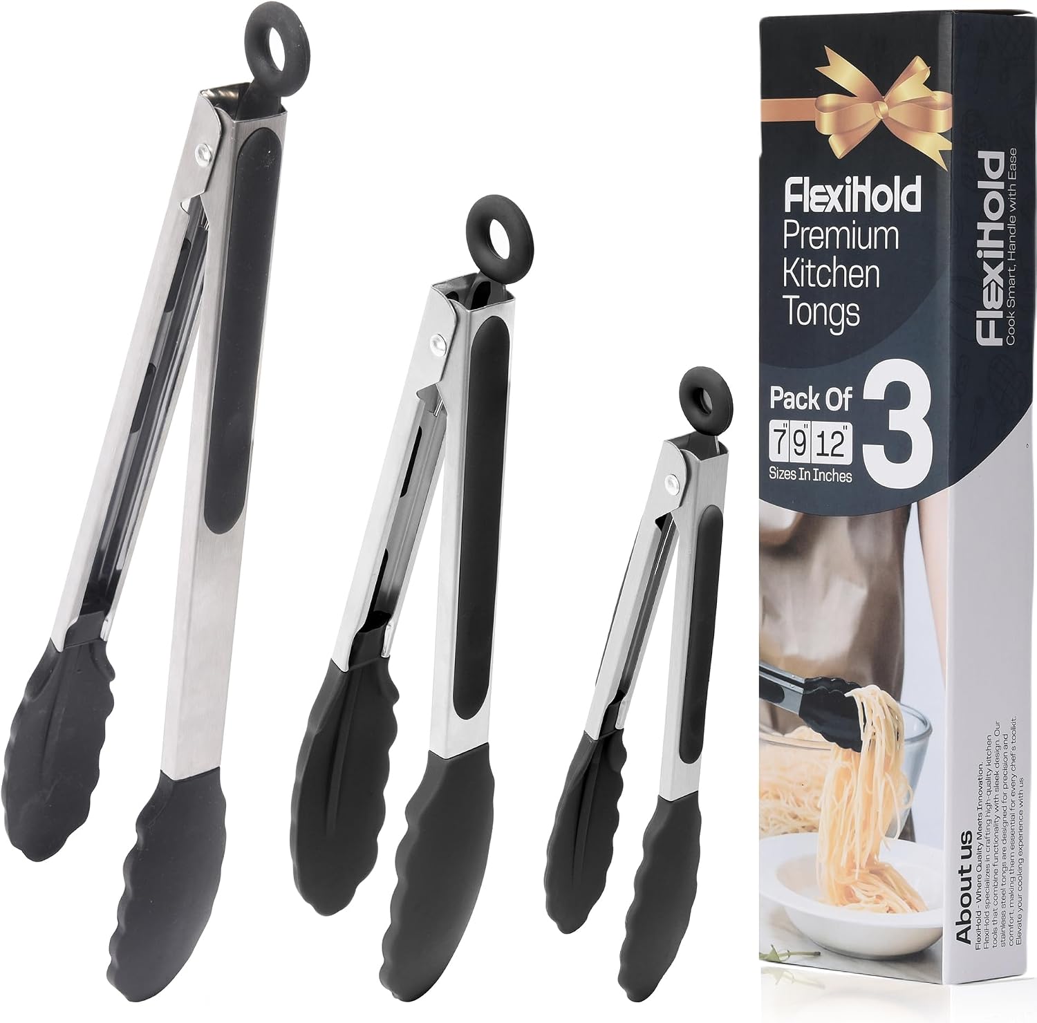 Pack of 3 Stainless Steel Kitchen Tongs with Silicone Tips – Non-Stick Cooking, Grilling & BBQ Tongs for Serving, Dishwasher Safe, 7″, 9″ & 12″, Black