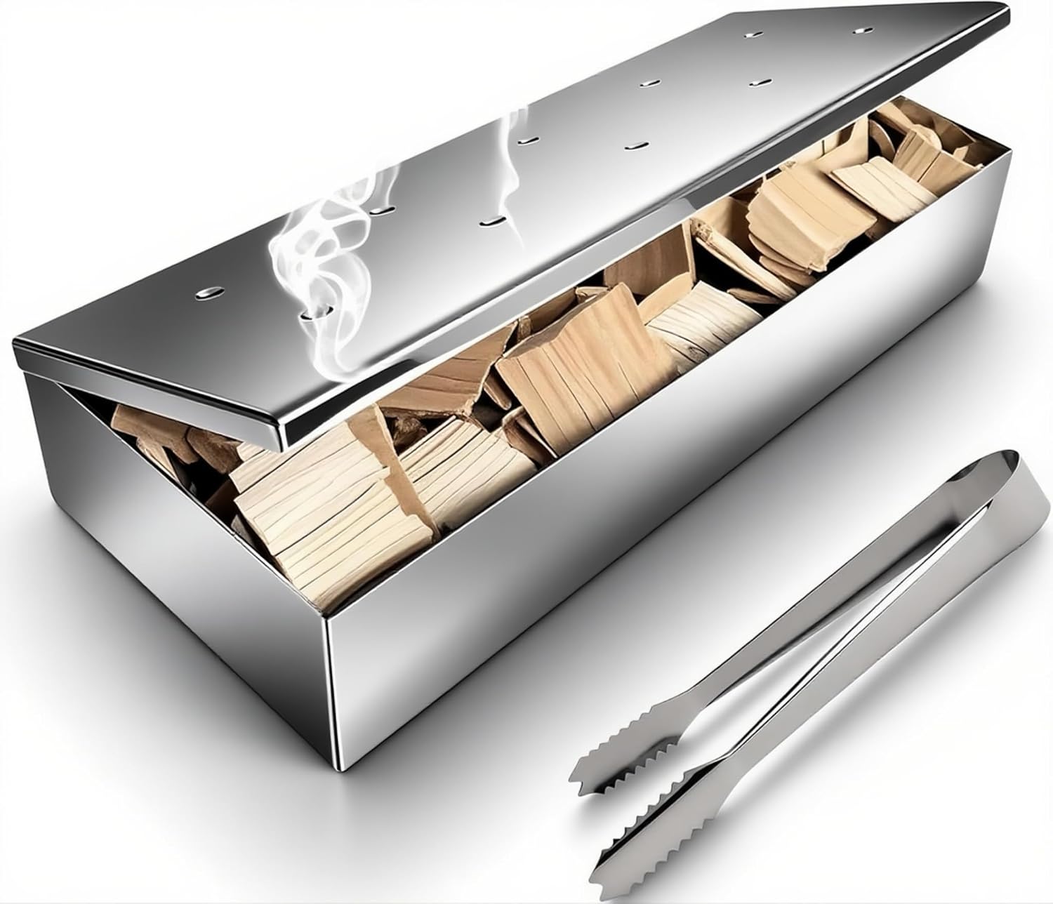 auisea Smoker Box for Gas Grill with Mini Tong, Thickened Stainless Steel Wood Chip Smoker Box with Hinged Lid, No Side Holes for Longer Lasting Smoke, Mirrored Finish, Heavy Duty