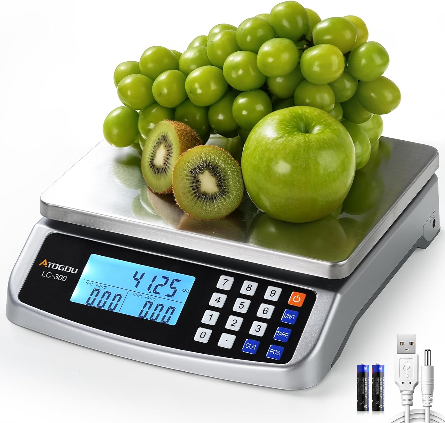 Atogou 110lb Food Scale, Commercial Kitchen Scale with Price Computing, Plug-in Usable, 0.05oz/1g, 304 Stainless Steel, for Cooking, Vegetables, Farm, Industry, Counting. LC300 Silver