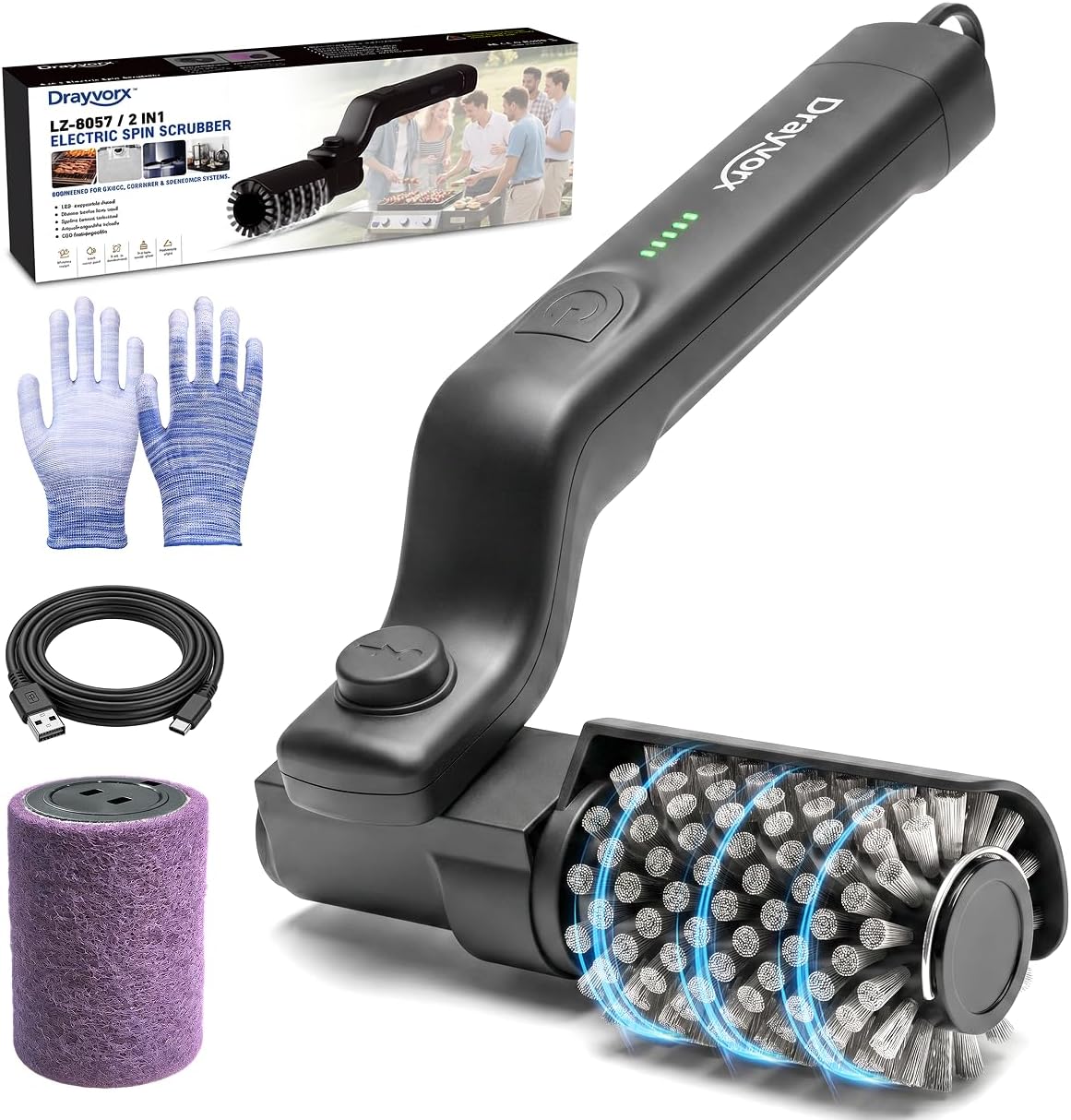 Electric Grill Brush, 20kg High Torque BBQ Cleaner with 3 Speed Modes, Reinforced Steel Bristle Scrubber, Type-C Rechargeable, Safe for Cast Iron & Porcelain Grates