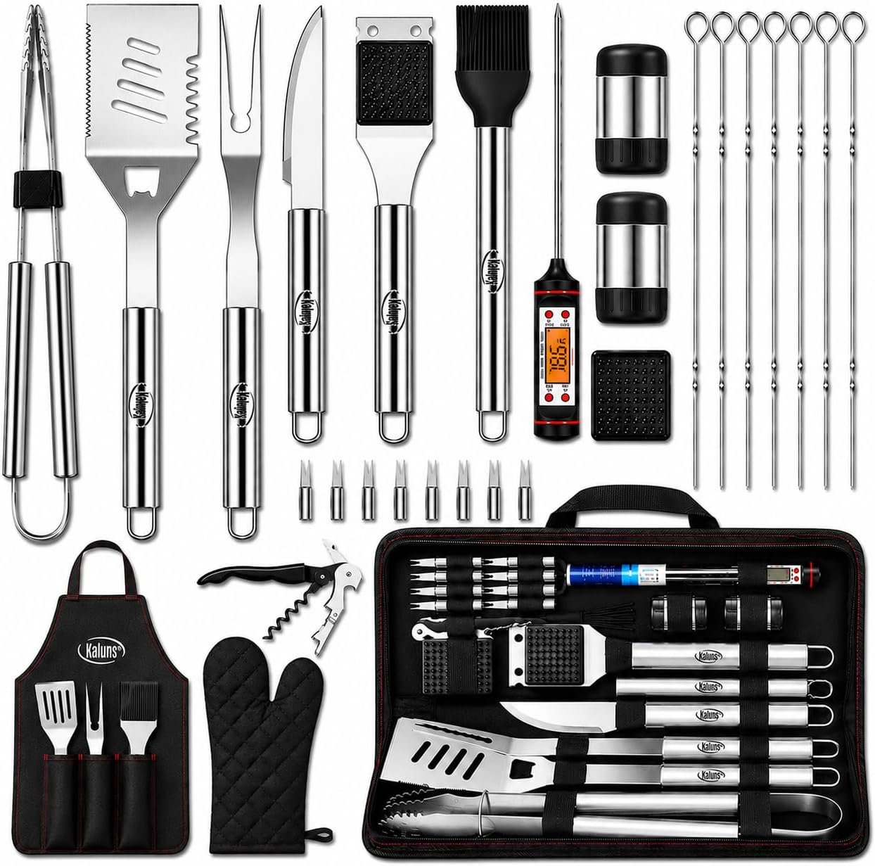 Kaluns Grilling Accessories, Dad Gifts for Fathers Day, Heavy Duty Stainless Steel Grill Set BBQ Grill Accessories for Outdoor Grill with Meat Thermometer, Case and Apron