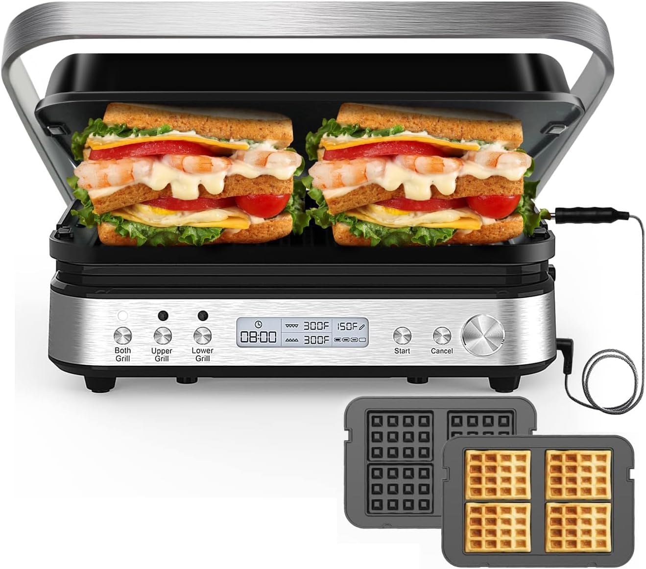 CATTLEMAN Panini Press Grill Sandwich Maker with Removable Plates, 1600W, 6 in 1 Indoor Grill with Meat Thermometer, Electric Contact Grills for Kitchen, Stainless Steel