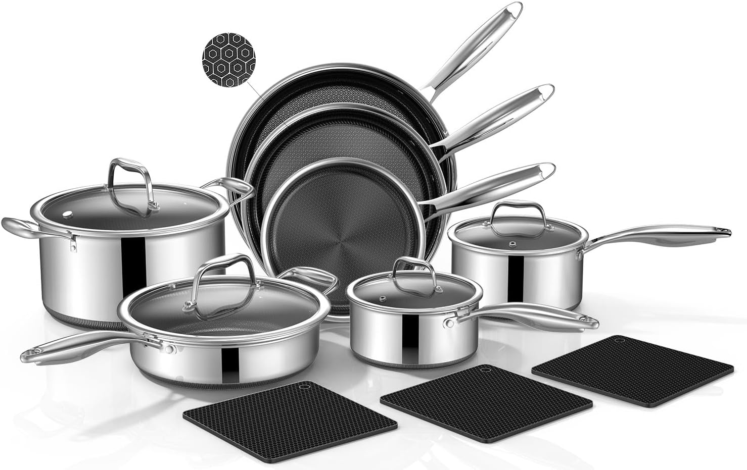 Yoehka 14-Piece Hybrid Stainless Steel Cookware Set, Pots and Pans Set with 3 Silicone Trivets | Induction Compatible Frying Pans, Saucepans, Saute Pan & Stock Pot | Oven Dishwasher Safe, PFOA Free