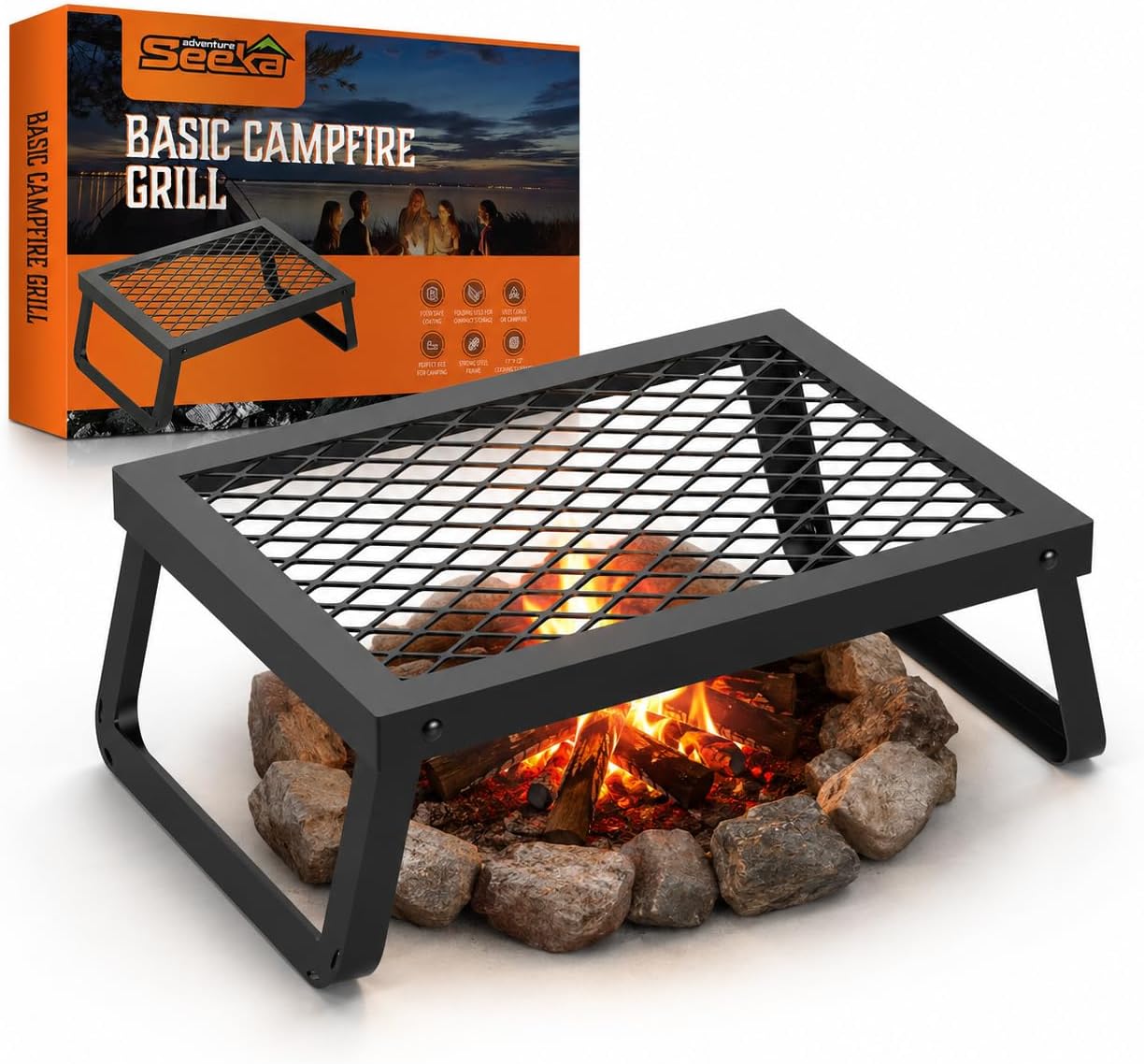 Adventure Seeka Folding Campfire Grill – Portable Over-Fire Grill with Food-Safe Coating, Heavy Duty Steel, Compact with Folding Legs – Camping, RV, Overlanding, Fire Pits