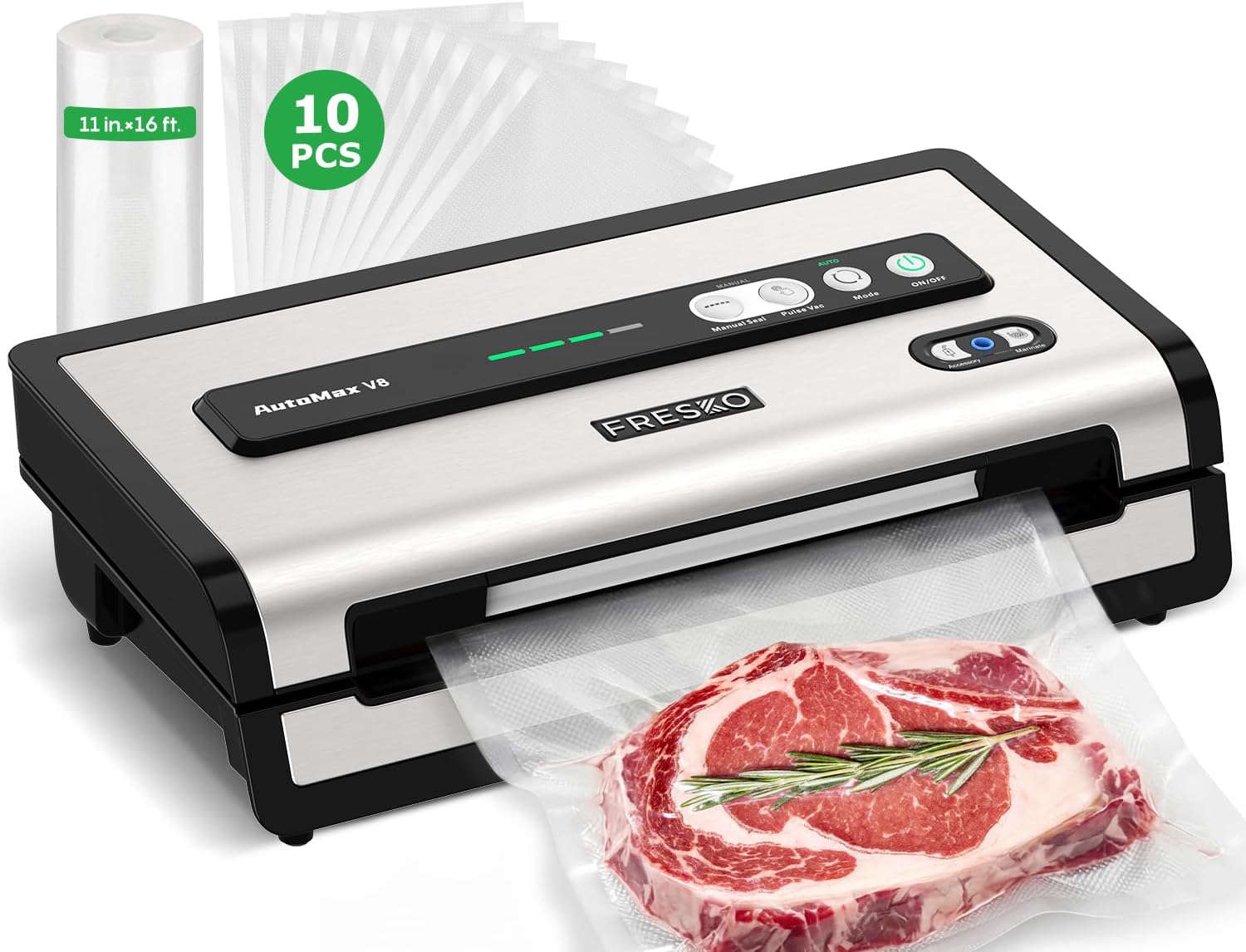 FRESKO Automatic Vacuum Sealer for Food, Hands-Free Operation Food Sealer, Continuous Seal 50 Bags in 20 Mins, Built-in Cutter & Roll Storage, Powerful Suction for Meal Prep & Bulk Food Storage