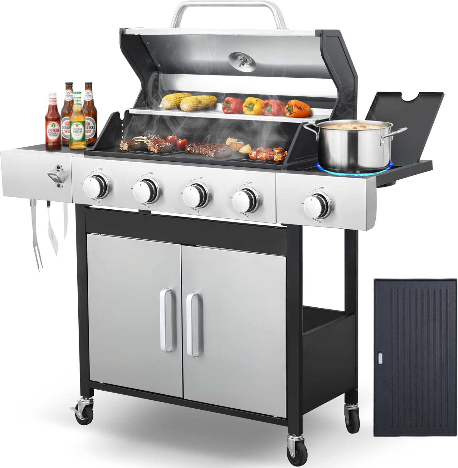 Propane Gas Grill 4 Burner, 49,000 BTU Outdoor BBQ Grill with Side Burner, Porcelain Cast Iron Grates & Stainless Steel, Fast Heating for Backyard, Camping, Tailgating