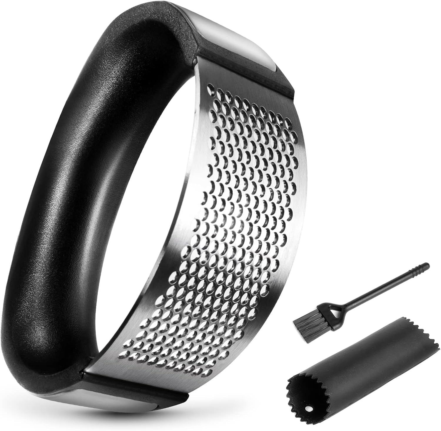 Garlic Press Rocker – Rust Proof & Dishwasher Safe Garlic Mincer, Stainless Steel Garlics Crusher Chopper Set with Peeler Brush, Easy to Clean and Squeeze, Masher for Garlics, Ginger, Spices