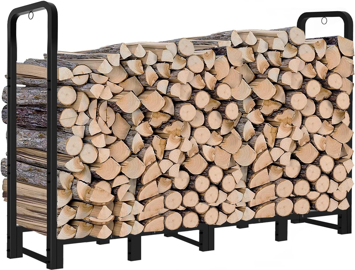 8ft Outdoor Firewood Rack, Upgraded Heavy Duty Logs Stand Stacker Holder for Fireplace – Metal Lumber Storage Carrier Organizer, Bright Black