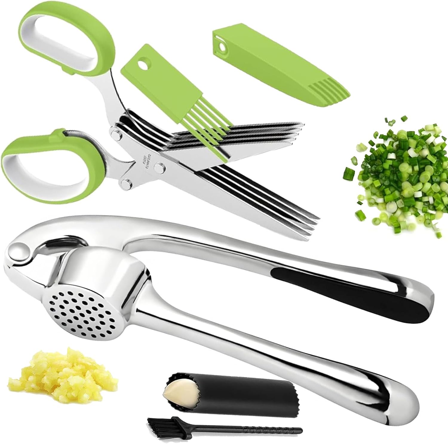 Garlic Press Stainless Steel, 2 in 1 Garlic Mincer & Herb Scissors, Dishwasher Safe Garlic Crusher, Rust Proof Garlic Smasher and Mincer Tool with Peeler and Brush for Kitchen