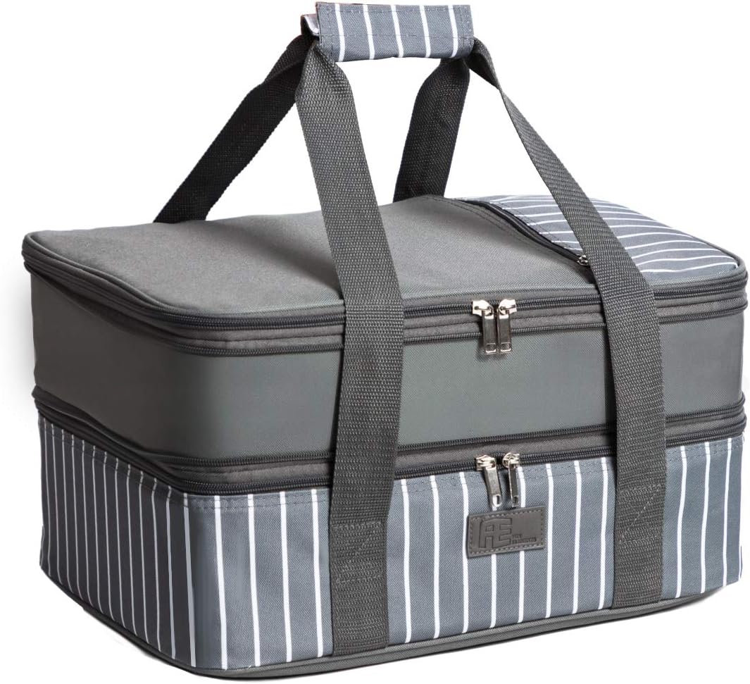 FE FUN ELEMENTS Casserole Carrier, Expandable Insulated Casserole Carriers for Hot or Cold Food, Lasagna Lugger for Parties, Fits 9″ x 13″ Baking Dish, Grey