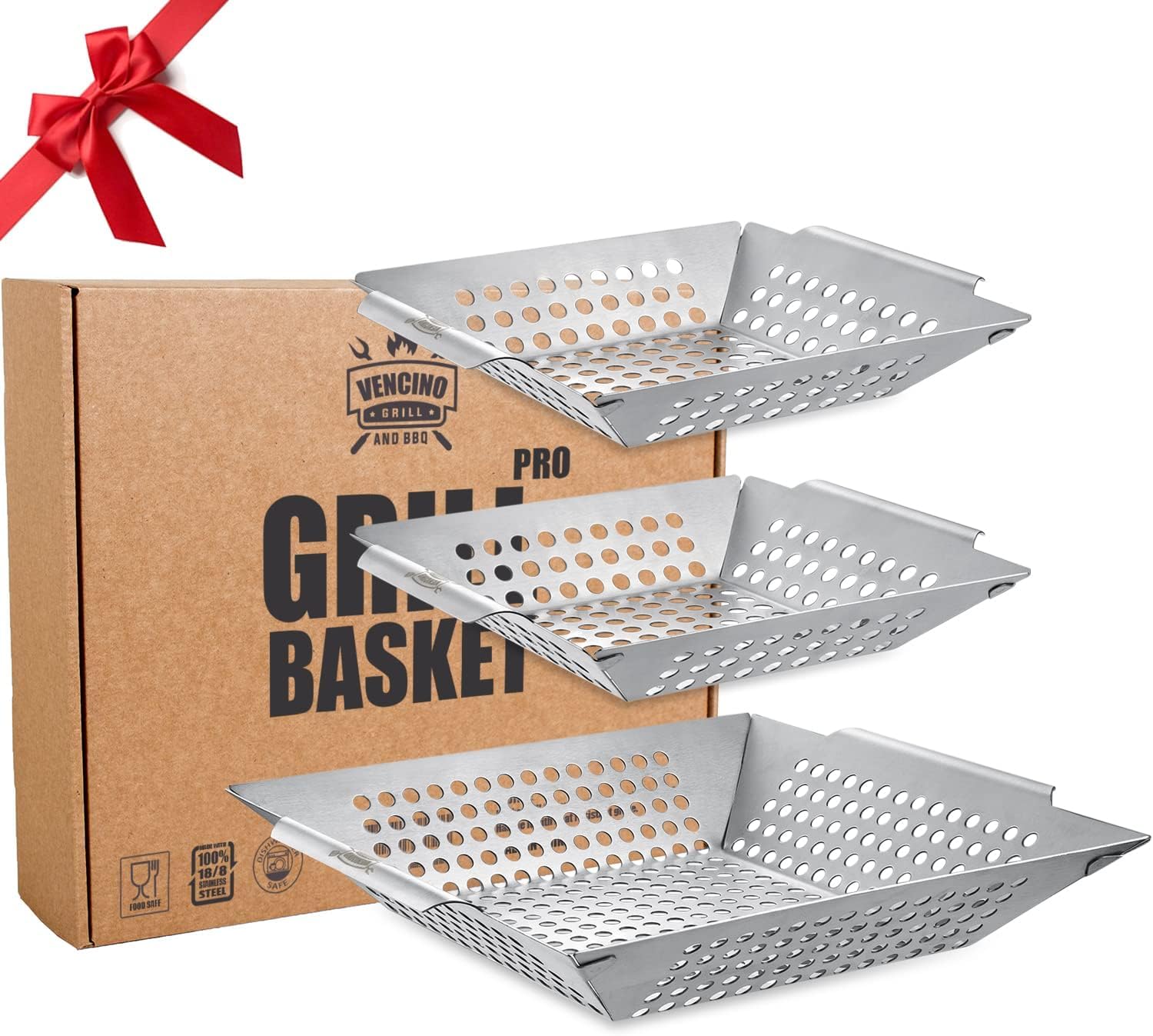 3 Pack Grill Baskets for Outdoor Grill, Heavy Duty Stainless Veggie Pan Set | Vegetable Grill Basket, Grilling Accessories for All Grills & Smokers, Space-Saving 1 Large, 2 Small, Grilling Gifts for Men