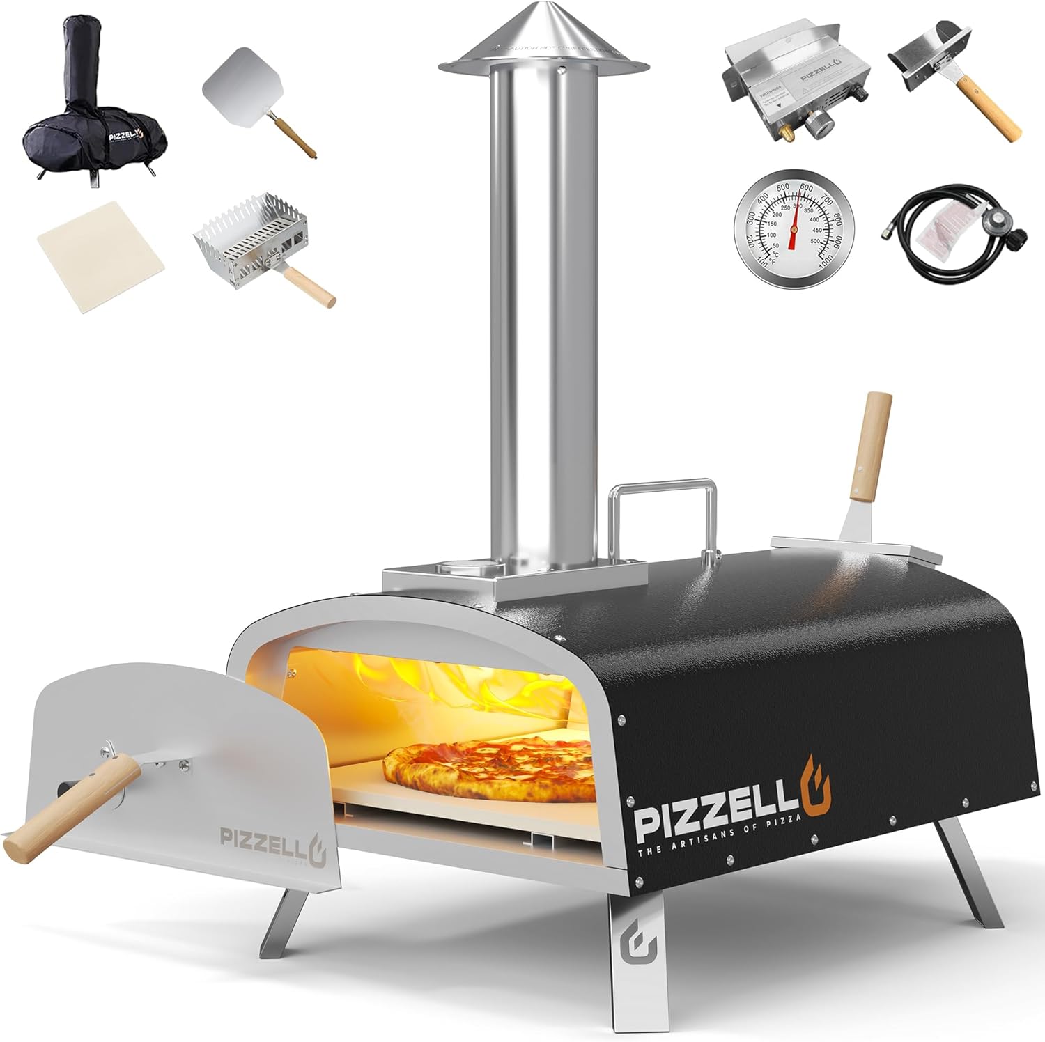 PIZZELLO 16″ Outdoor Pizza Oven Propane and Wood Fired Stainless Steel Pizza Grill with Gas Burner, Wood Tray Pizza Stone, Pizza Peel, Carry Bag, Pizzello Forte Gas (Black)