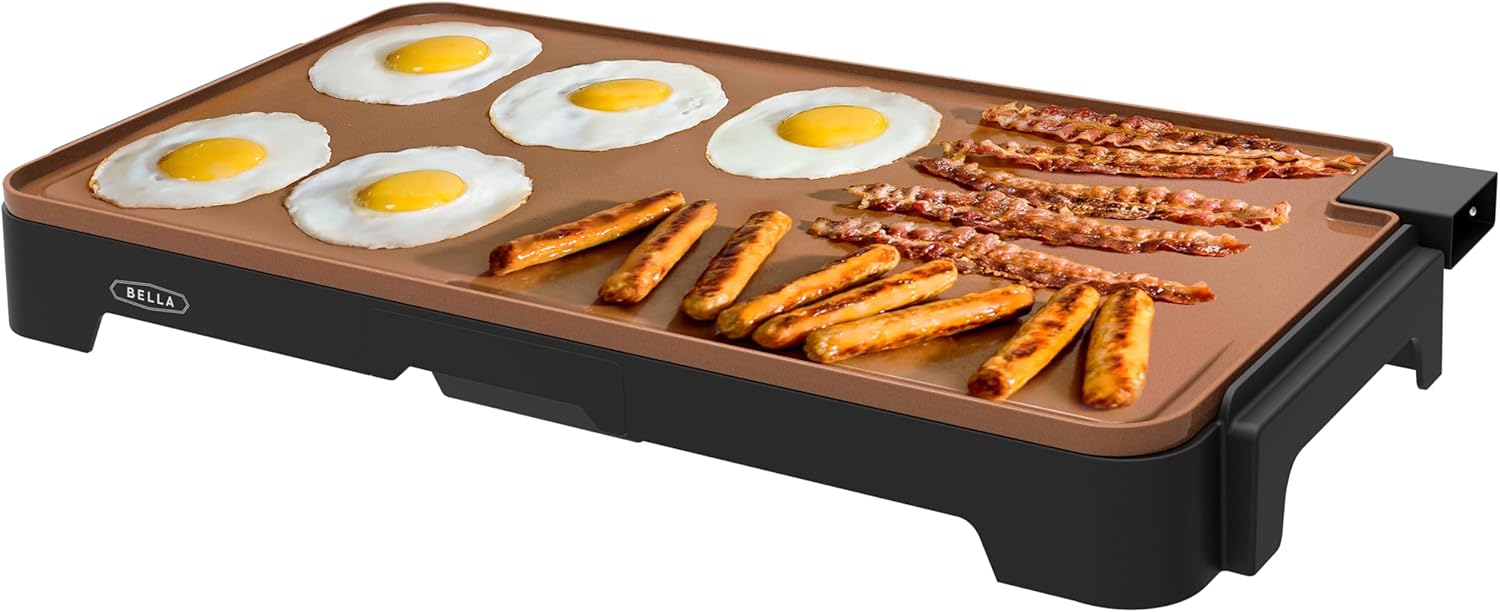 bella XL Electric Ceramic Titanium Griddle, Make 15 Eggs At Once, Healthy-Eco Non-stick Coating, Hassle-Free Clean Up, Large Submersible Cooking Surface, 12″ x 22″, Copper/Black