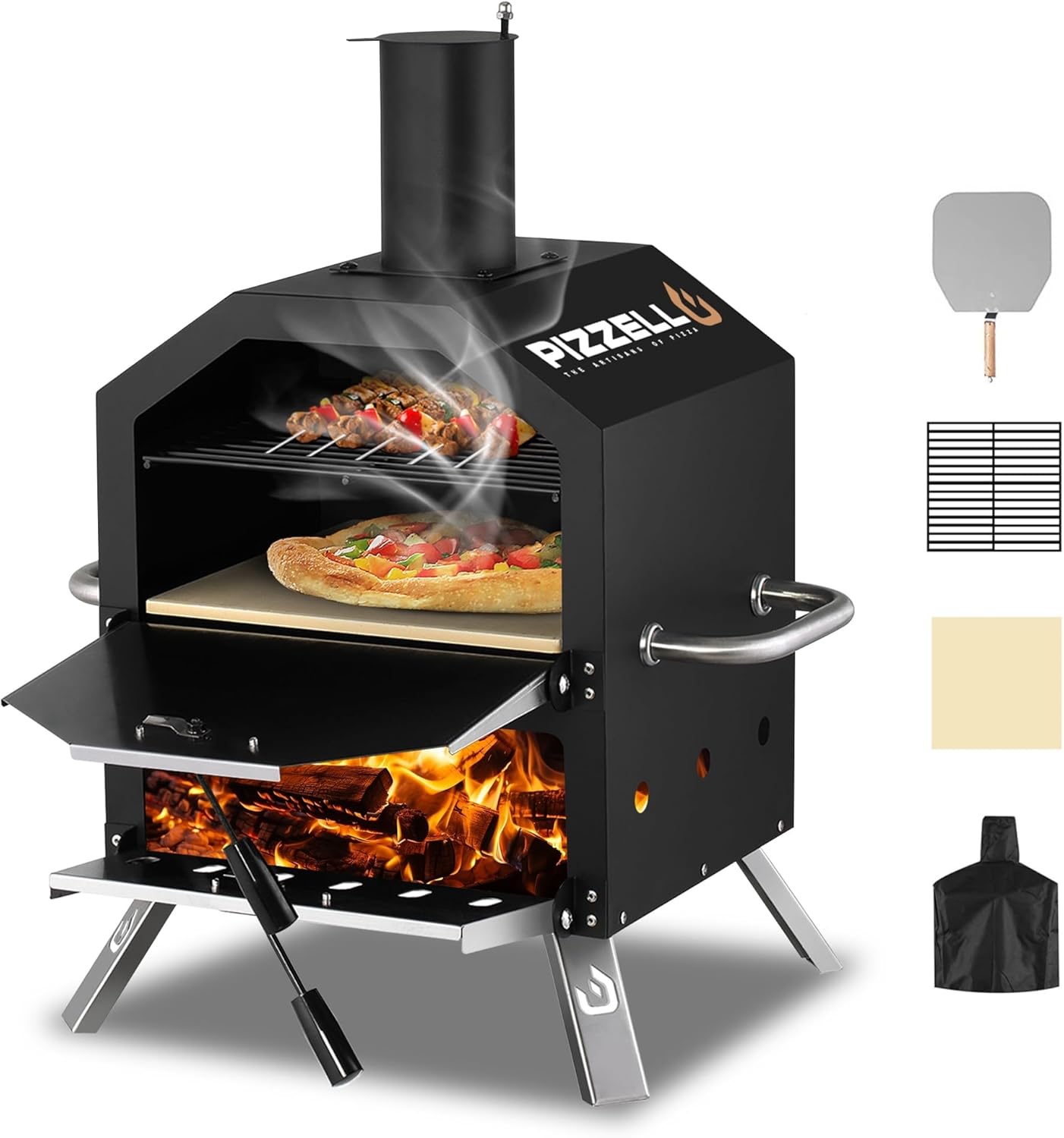 Pizzello Outdoor Pizza Oven Wood Fired 2-Layer Pizza Ovens Outside Pizza Maker with Stone, Pizza Peel, Cover,Removable Cooking Rack for Camping Backyard BBQ (Black)