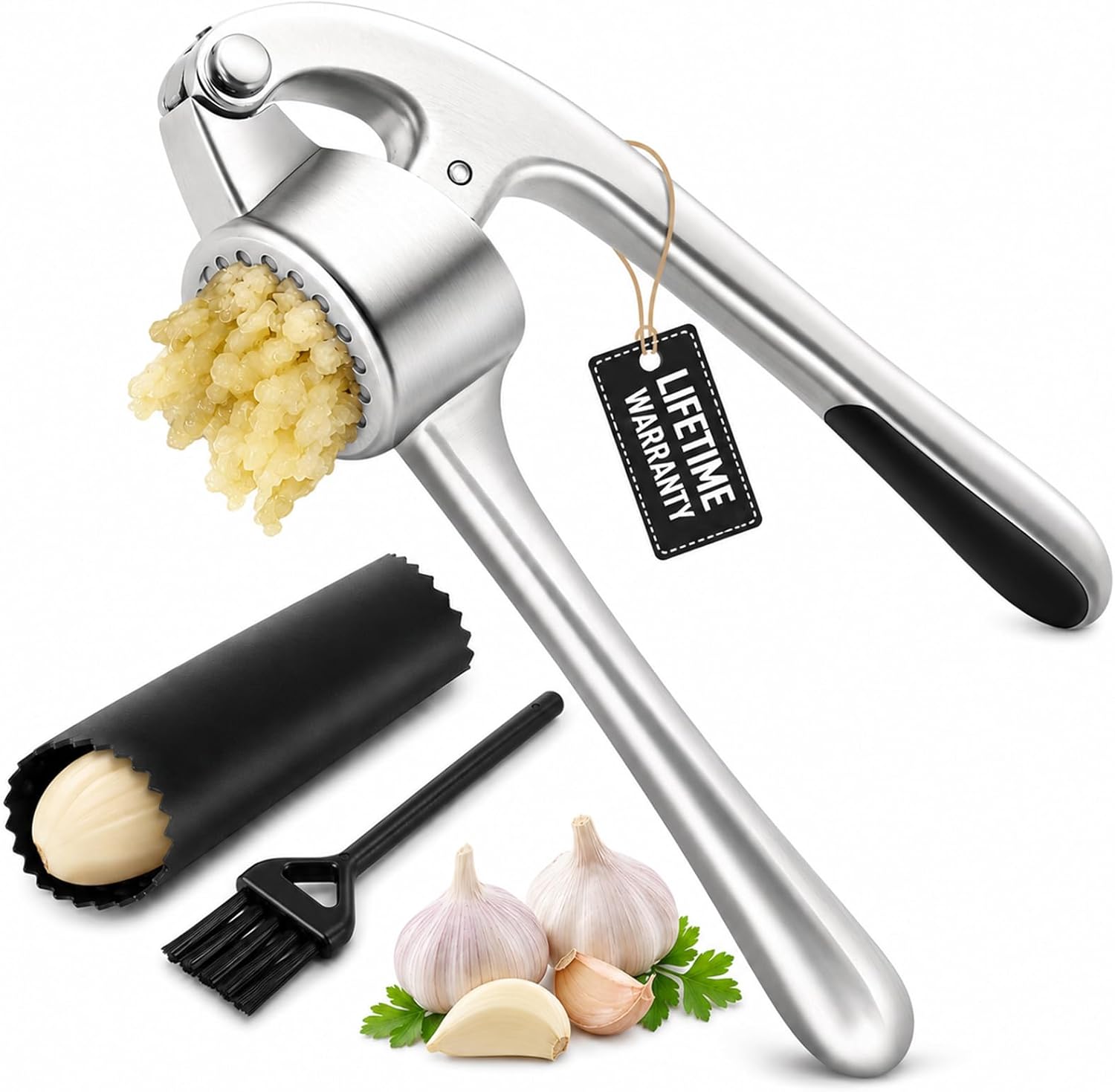 CUNSENR Garlic Press Set, Premium Rust Proof Garlic Mincer Tool with Ergonomic Handle, Easy Squeeze & Easy Clean Garlic Crusher, Dishwasher Safe with Silicone Peeler and Brush – Silver