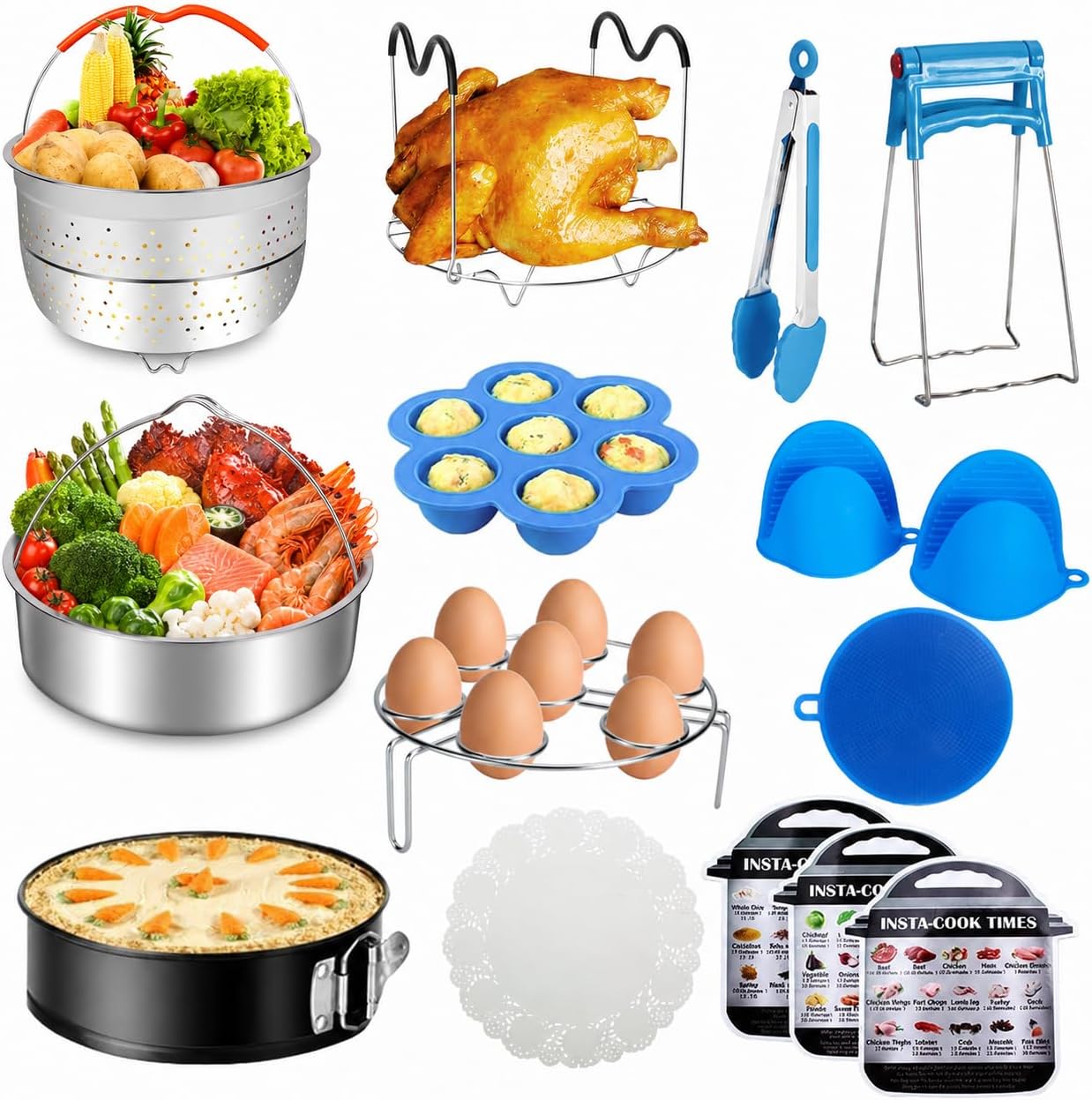 Accessories for Instant Pot, 73 PCS Accessories for Pressure Cooker for 5/6/8 Qt Electric Pressure Cooker -2 Steamer Baskets, Steamer Rack, Non-stick Springform Pan, Egg Rack