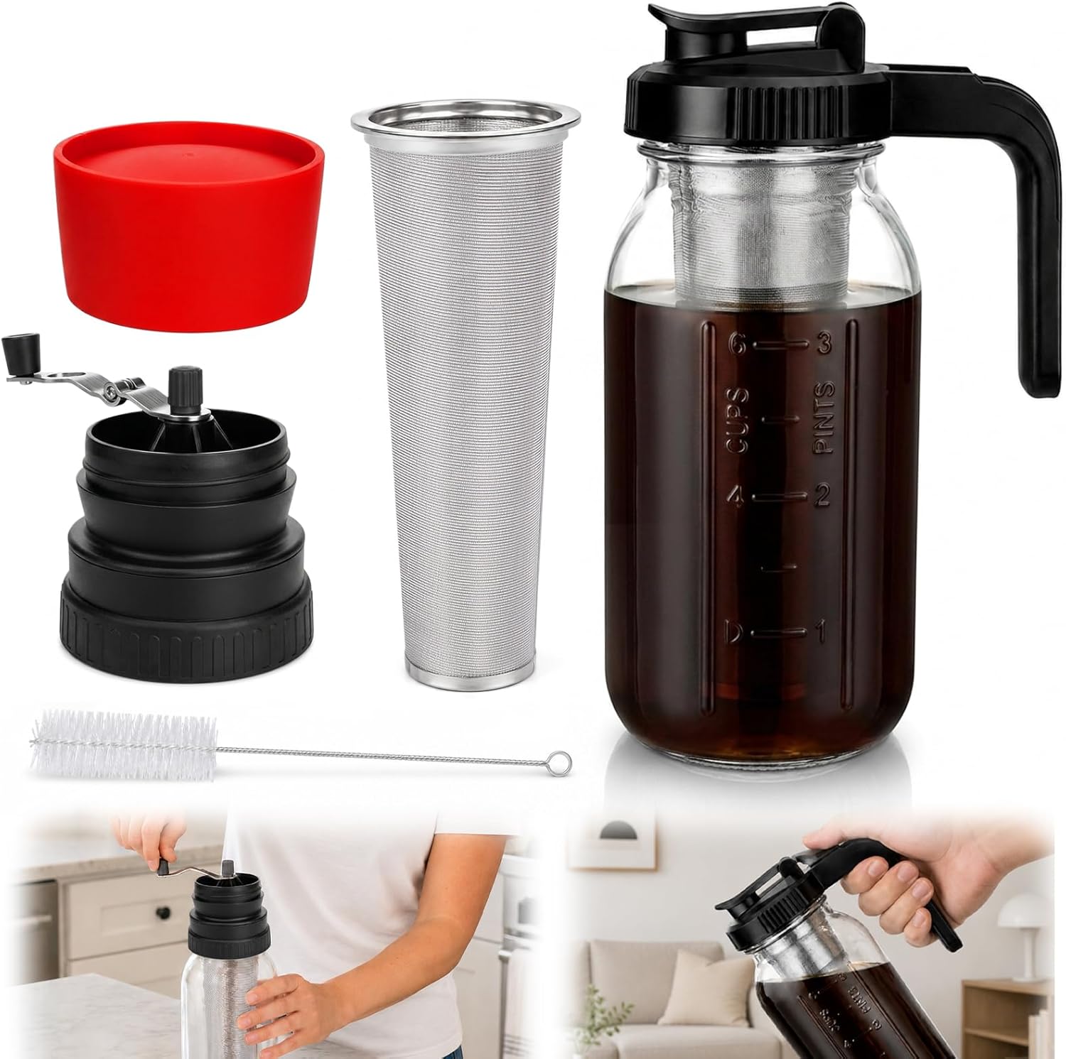 Palksky Cold Brew Coffee Maker, 64 Oz Mason Jar Glass Pitcher with Coffee Grinder Lids, Stainless Steel Filter, Pour Spout Handle, Homemade Iced Coffee Sun Tea Making Set for Home Daily Use