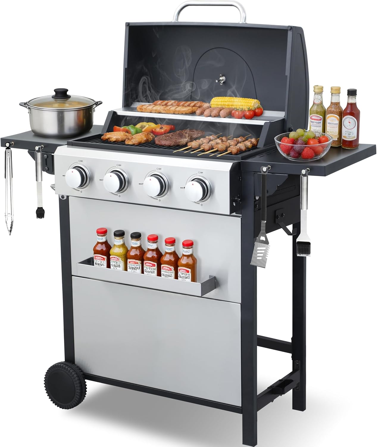 Stainless Steel 4-Burner Propane Gas Grill – 40,000 BTU Output, Porcelain-Enamel Grates, Even Heating System & Easy Grease Management for Backyard Patio BBQ Parties