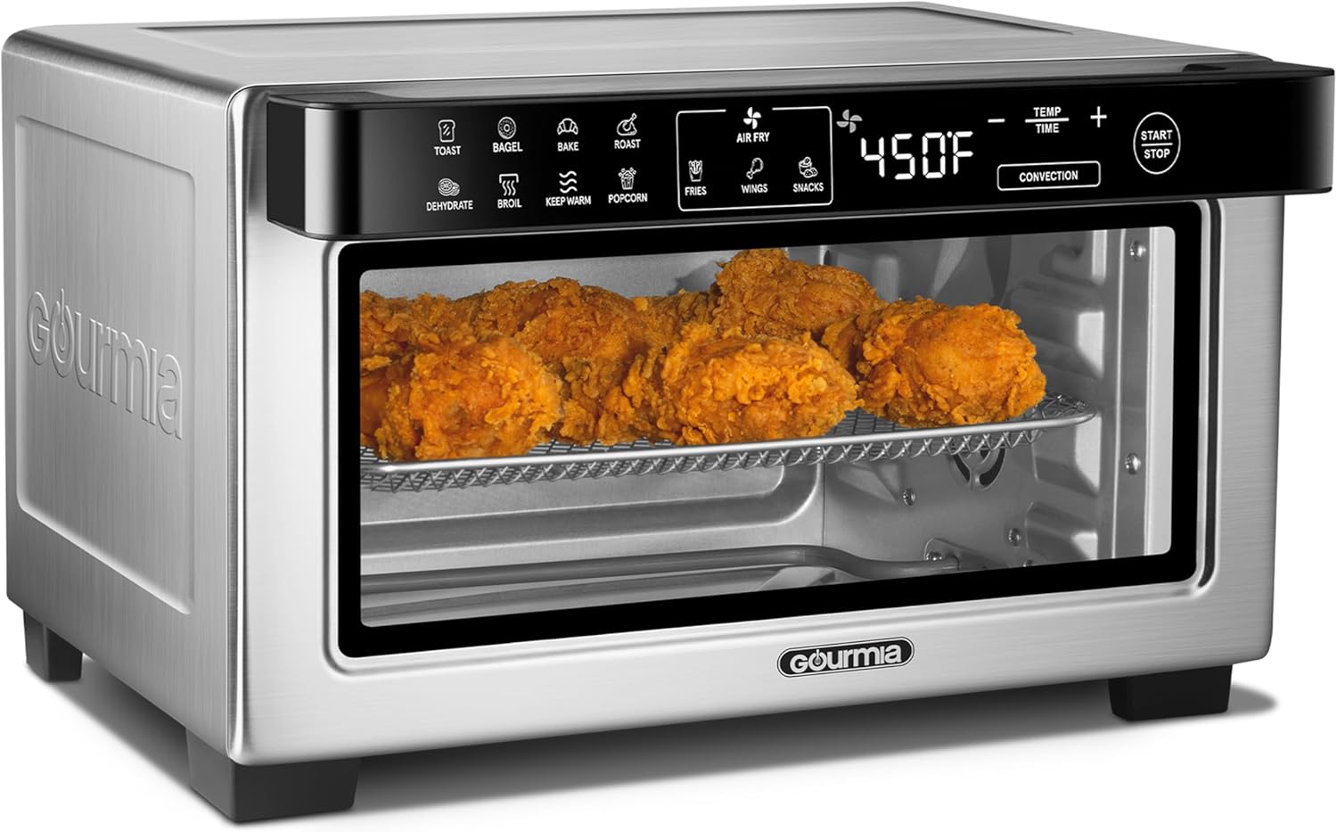 Gourmia Toaster Oven Digital Air Fryer – Convection Mode with 4 Slice Capacity, 3 Rack Positions, 12 Presets, Toast, Bagel, Bake, Roast, Broil, Dehydrate, Popcorn, Fits 9″ Pizza, Stainless Steel
