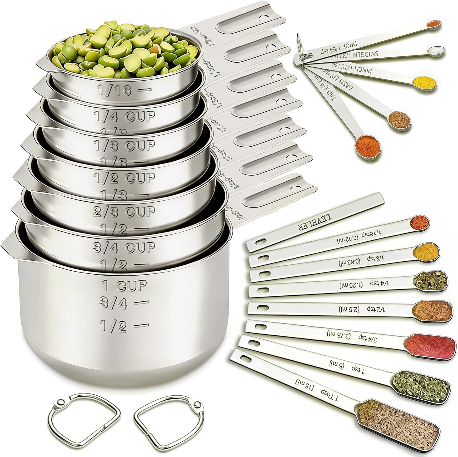 EWFEN Measuring Cups and Spoons Set, 7 Stainless Steel Nesting Measuring Cups & 7 Spoons, 5 Mini Measuring Spoons &1 Leveler, Kitchen Gadgets for Cooking & Baking, Square