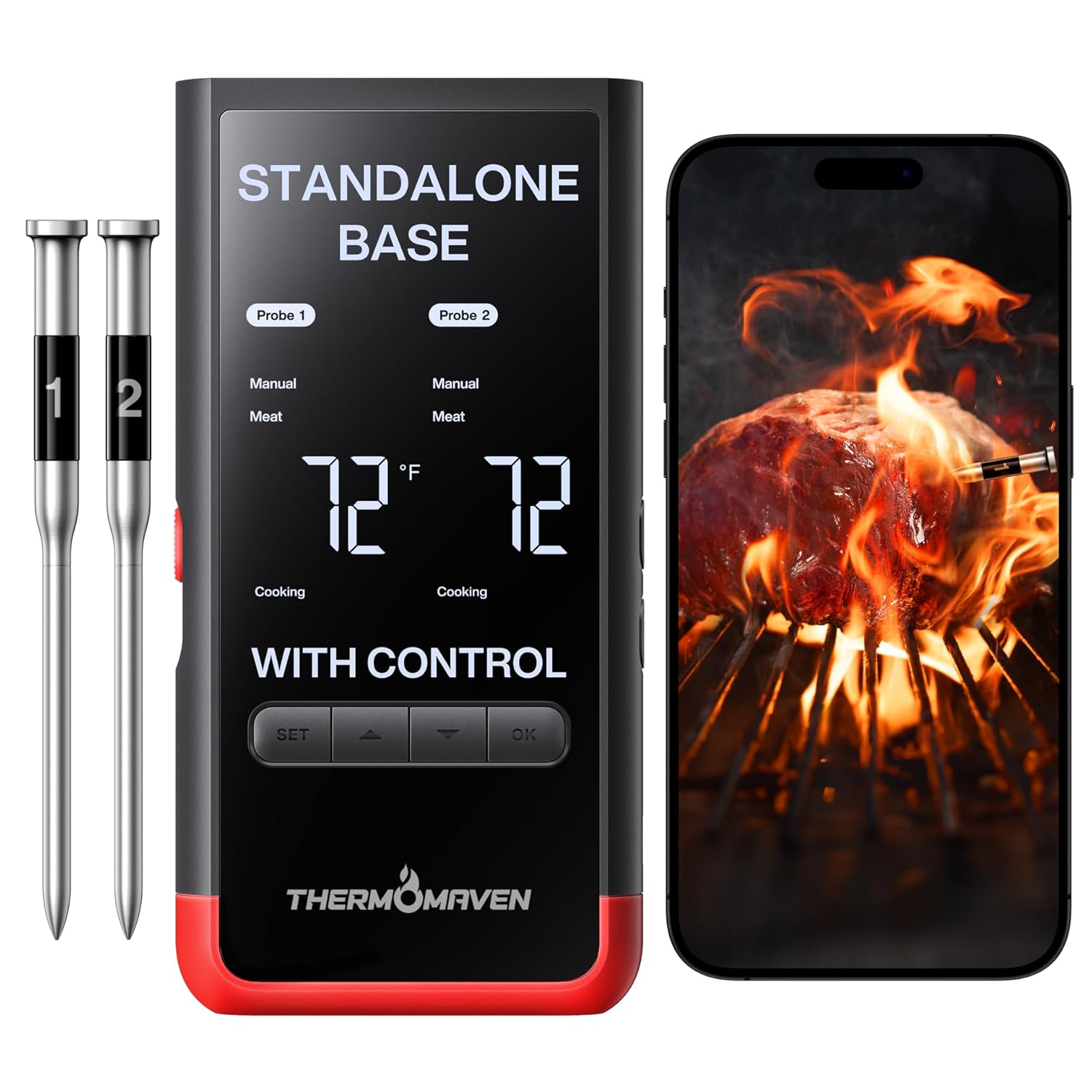 ThermoMaven Smart Bluetooth Wireless Meat Thermometer: Standalone Base, WiFi Unlimited Range, 6 Sensors with NIST Certified Accuracy, 2 Probes for Kitchen, BBQ, Grill, Oven, Smoker, Rotisserie
