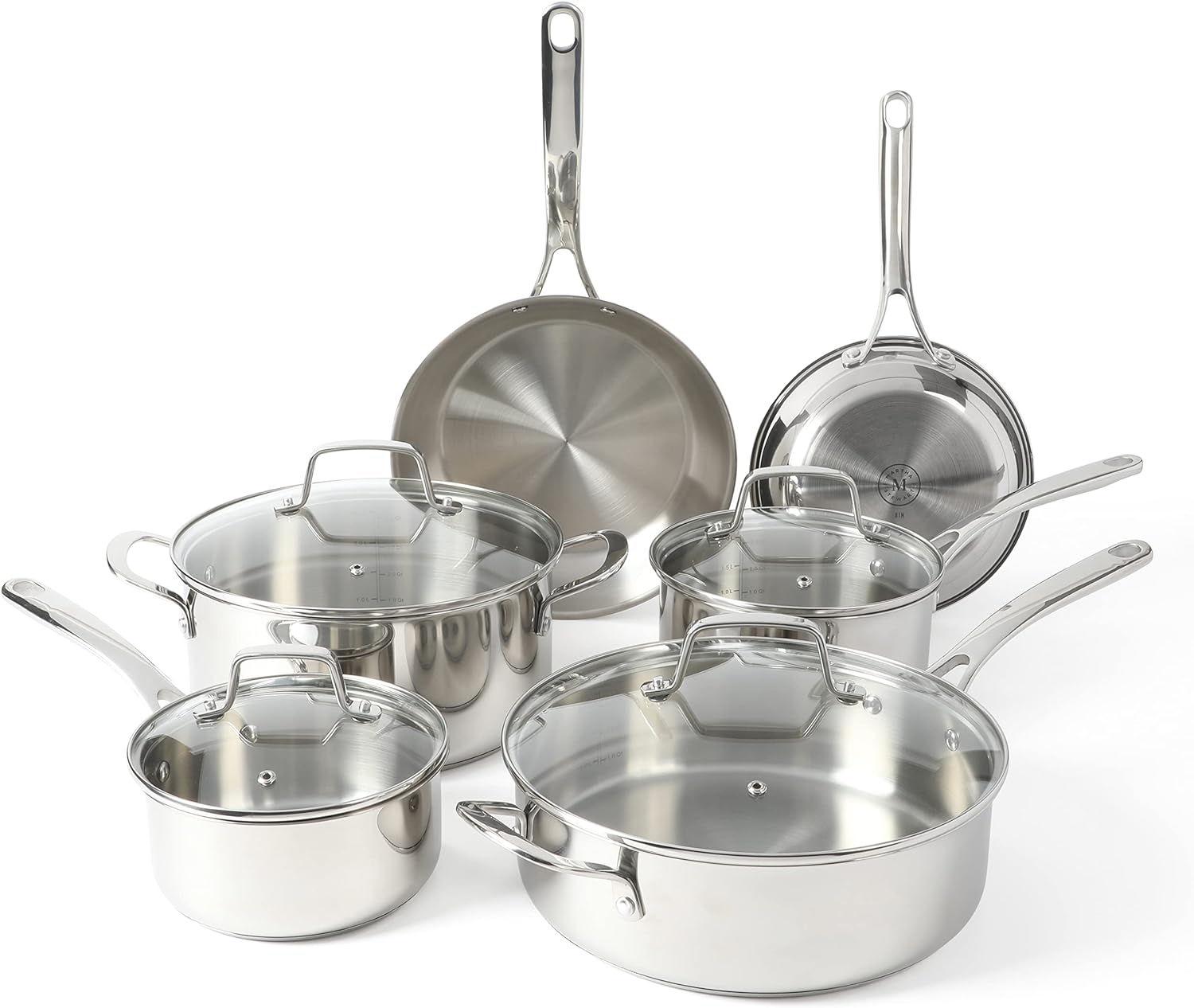 Martha Stewart Castelle 10 Piece 18/8 Durable Stainless Steel Induction Safe Non-Toxic Triply Bottom Kitchen Pots and Pans Cookware Set – Dishwasher Safe