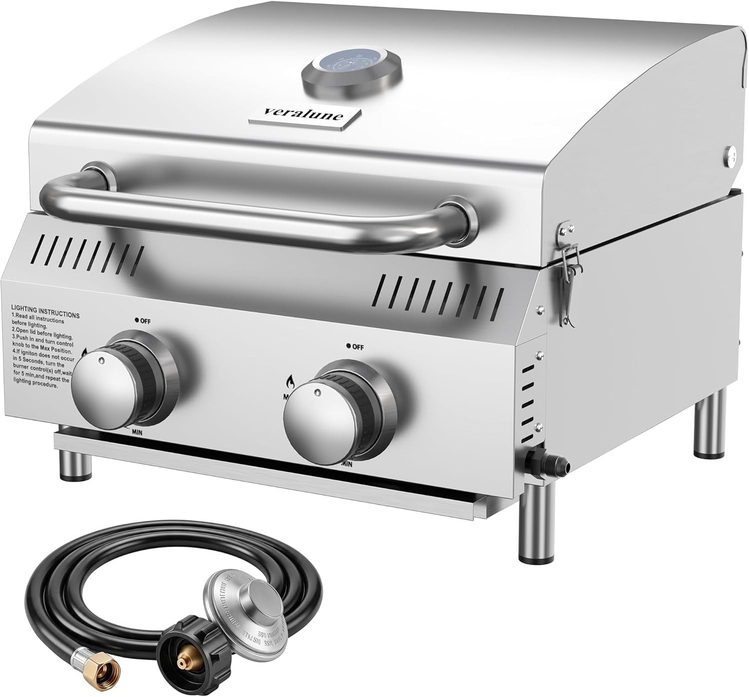 Veralune 2 Burner Tabletop Gas Grill, 22,000 BTUs Stainless Steel Grill | Outdoor Gas Grill with New Upgrade Heavy Duty Rack, Built-in Thermometer, Travel Locks for Tailgating, Camping, RV Trips