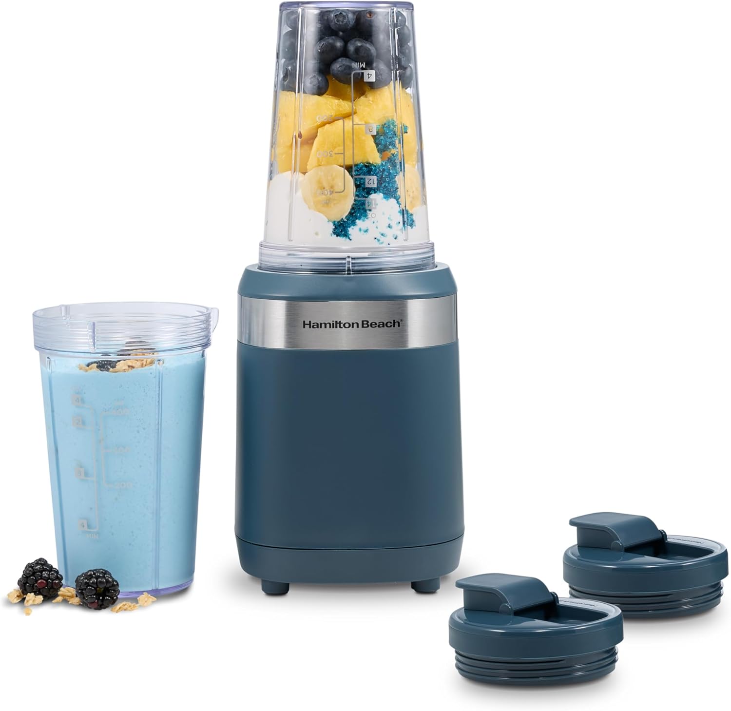 Hamilton Beach Personal Blender for Smoothies With 2 BPA-Free 14 oz. Travel Blender Jars and Lids, Powerful 400 Watt Motor, Stainless Steel Blades, Kitchen Makeover Blue (51202J)
