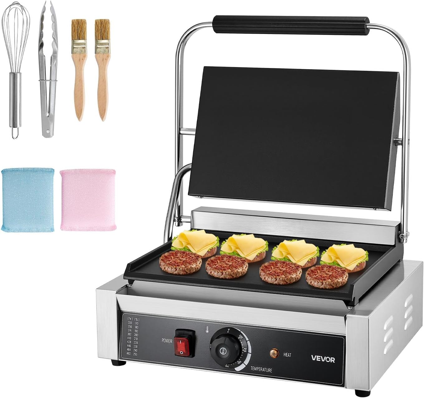 VEVOR Commercial Panini Grill, 1800W Electric Sandwich Panini Maker, Stainless Steel Sandwichs Press Grill with Handle and Temp Control, 13.5×9.3 in Full Flat Enamel Plate, for Hamburger Steak Bacon