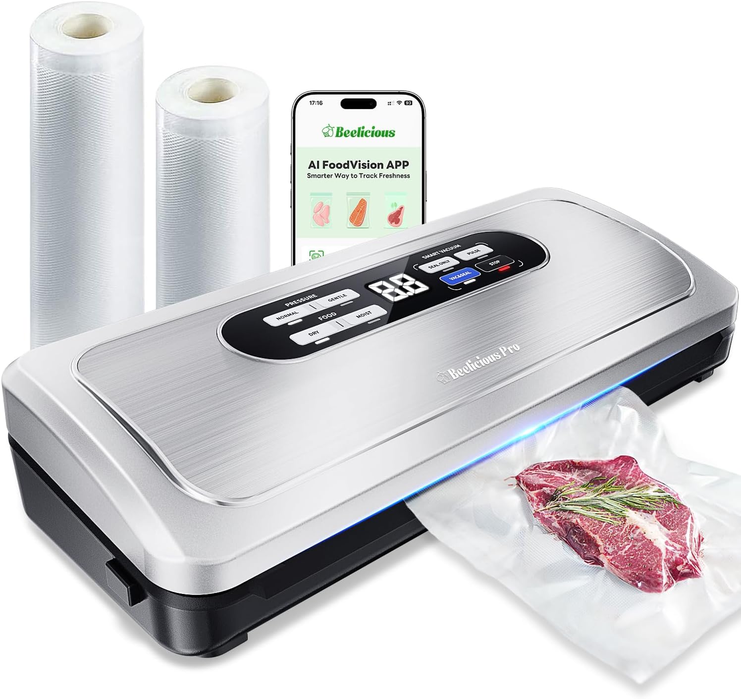 Vacuum Sealer Machine with AirLock ProSeal System, 10-in-1 Vacuum Sealer for Food, Moist/Dry Sealing Modes, Compact Design with Digital Timer, Built-in Cutter & Roll Storage, Stainless Steel
