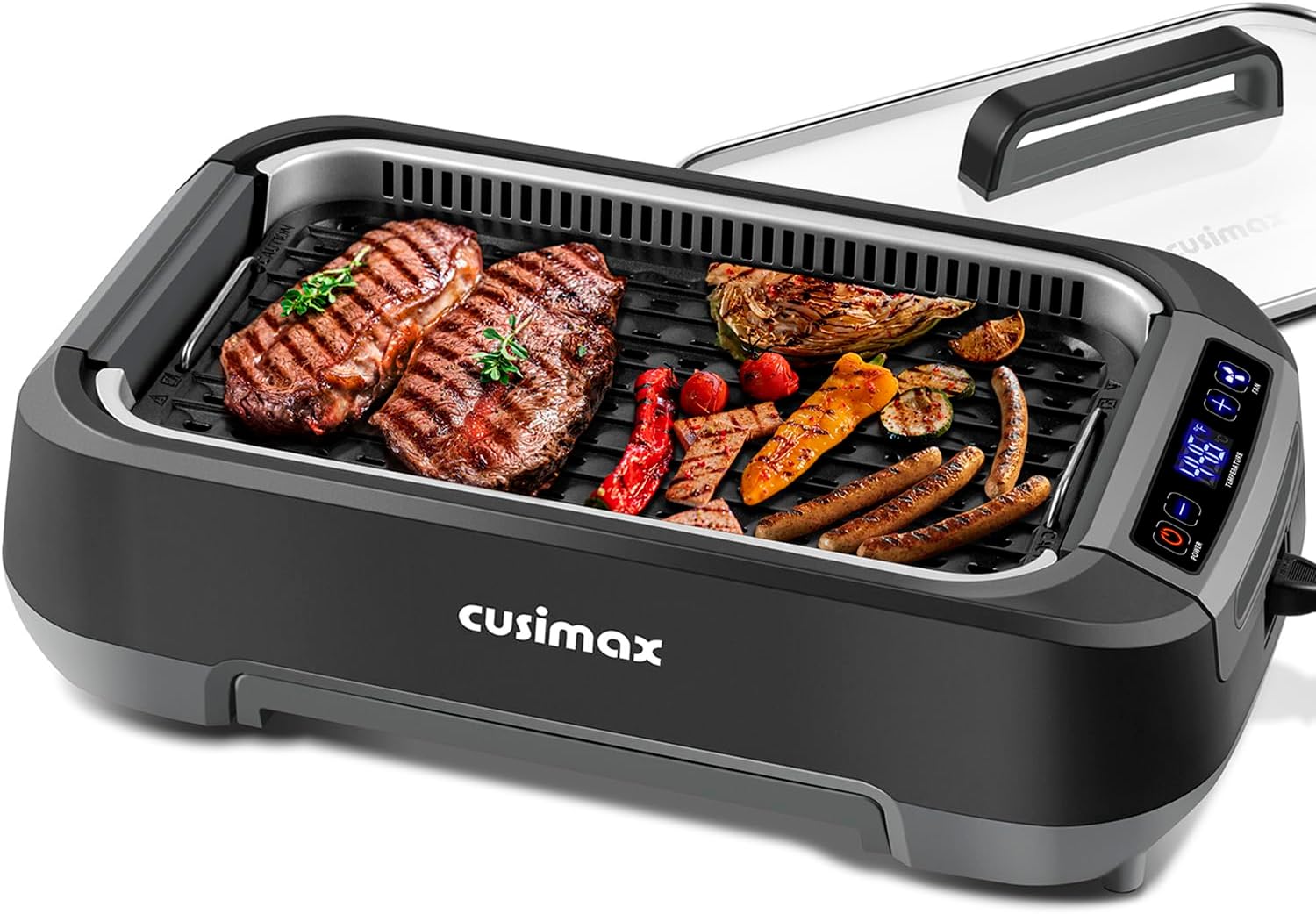 CUSIMAX Electric Indoor Grill, 1500W Smokeless Korean BBQ Grill with Smart LED Display & Tempered Glass Lid, Removable Non-stick Plate, Turbo Smoke Extractor, Black