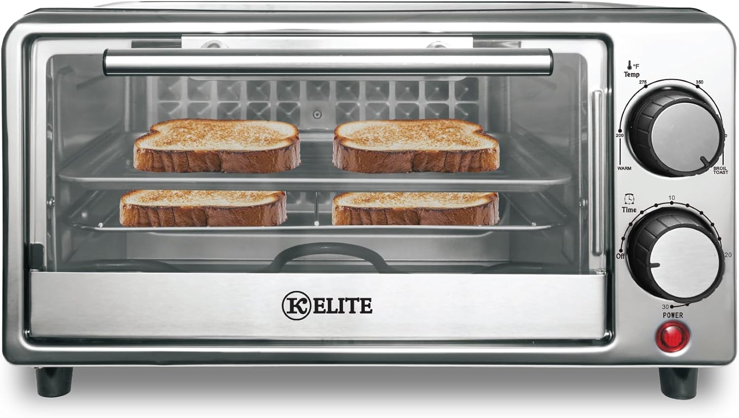 Kitchen Elite 4-Slice Toaster Oven, Compact Countertop Appliance with Bake Tray, Wire Rack, Adjustable Timer, and Temperature Control, Black