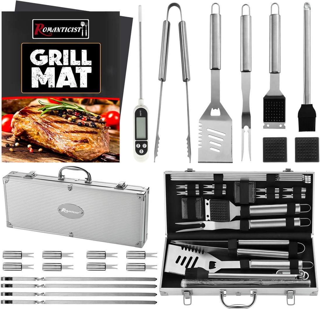 ROMANTICIST 23pcs Must-Have BBQ Grill Accessories Set with Thermometer in Case – Stainless Steel Barbecue Tool Set with 2 Grill Mats for Backyard Outdoor Camping – Father’s Day Best Barbecue Gift
