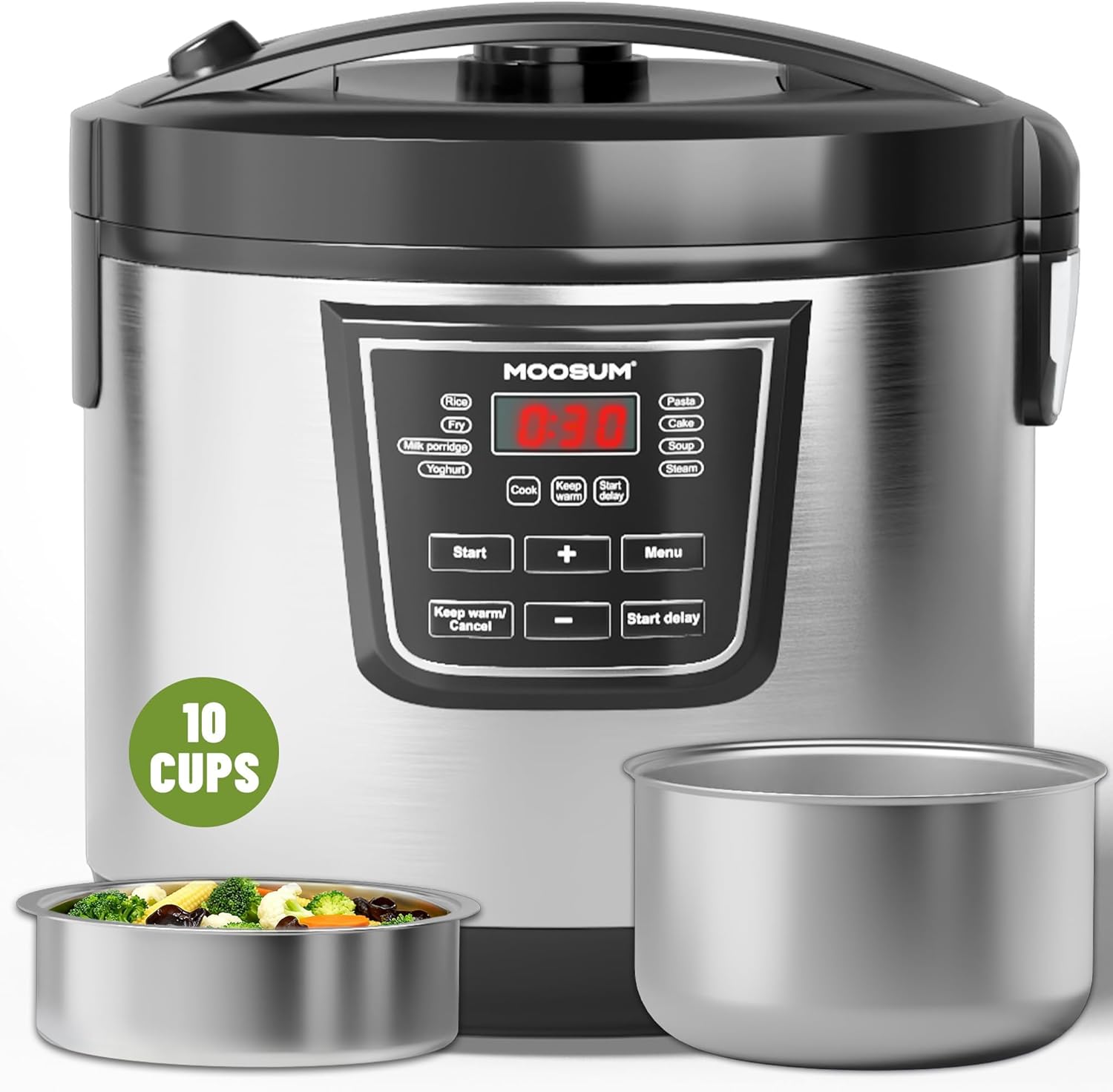 20 Cup Cooked (10 cup uncooked) Rice Cooker with 8 Functions, Healthy Cooking Stainless Steel Pot & Steamer, Removable Inner Cover, Stainless Steel Silver